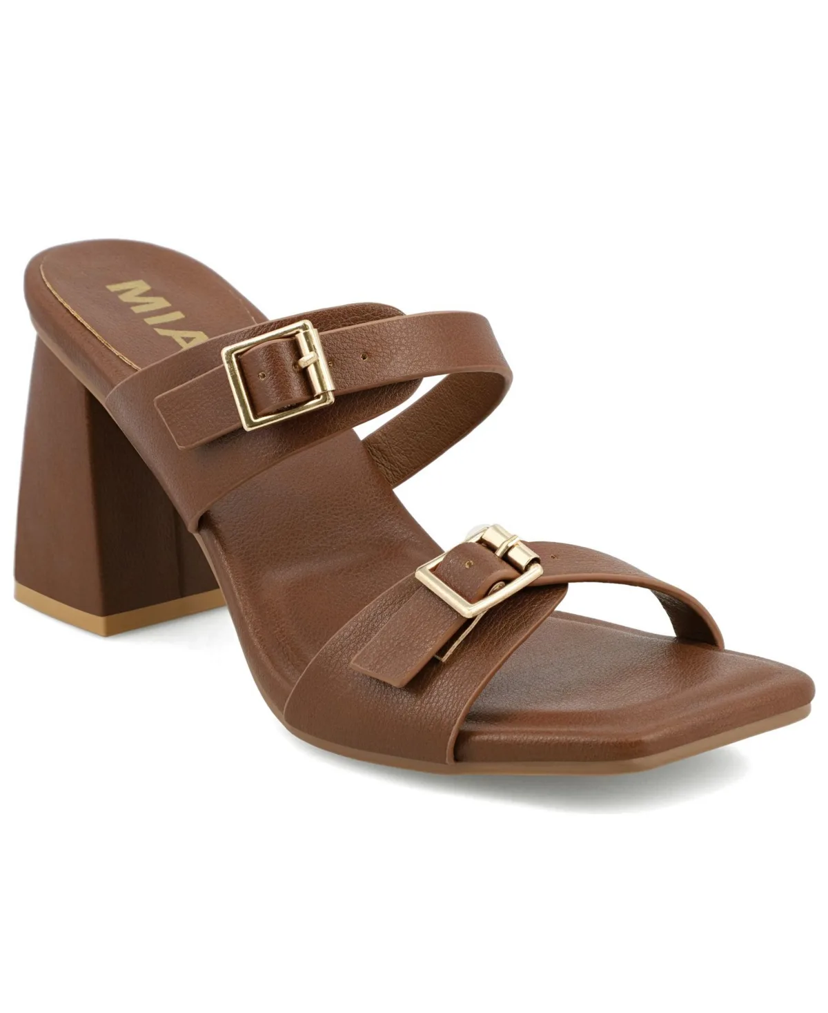 Double-Strap Gold-Tone Buckle Block Heel Sandals