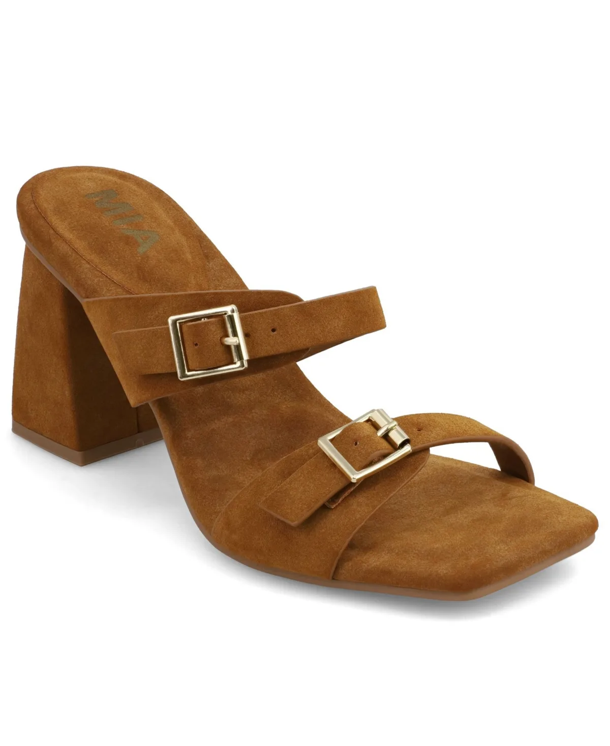 Double-Strap Gold-Tone Buckle Block Heel Sandals