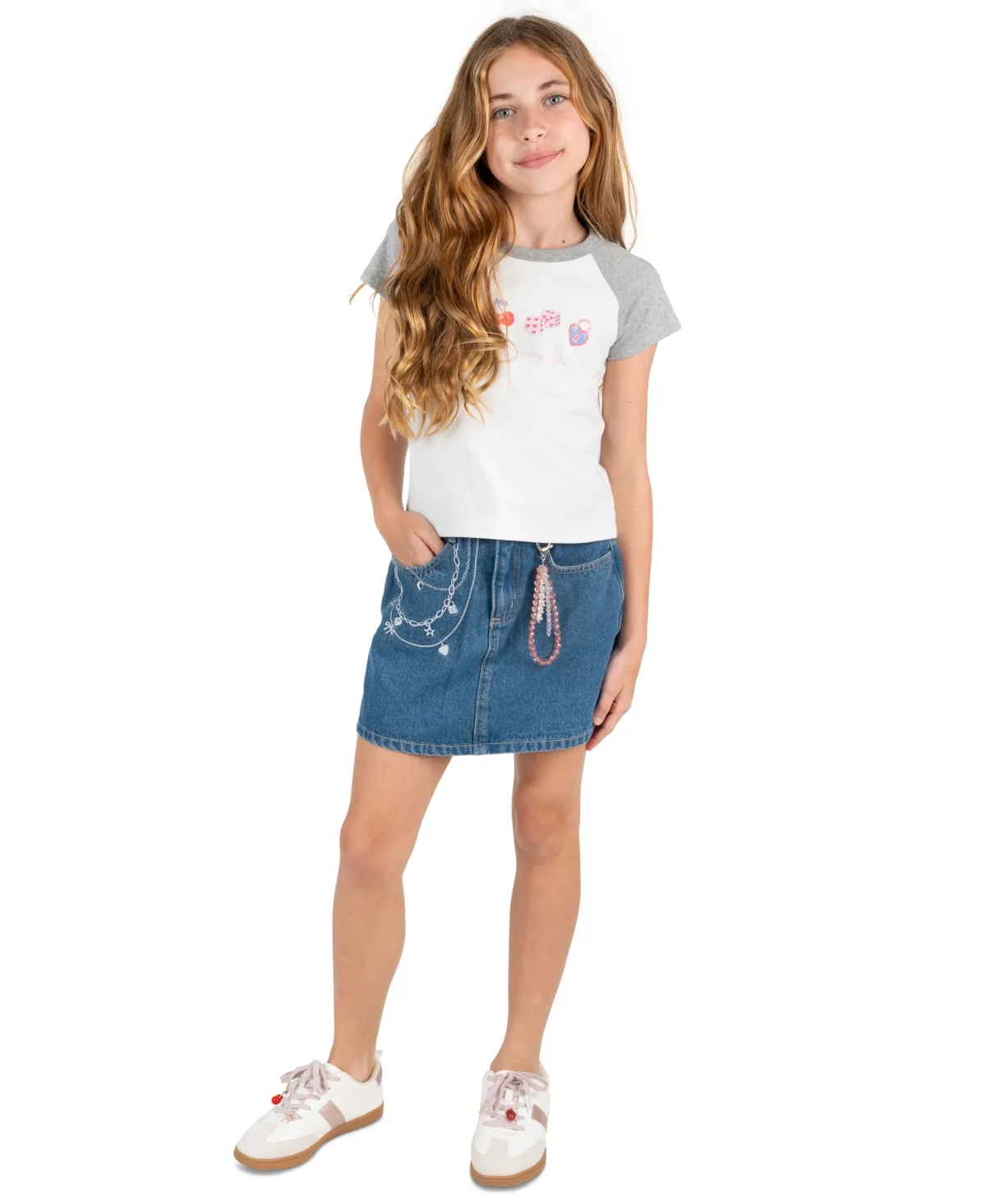 Graphic Raglan T-Shirt and Embroidered Denim Skort, 2-Piece Set by Tween Diva