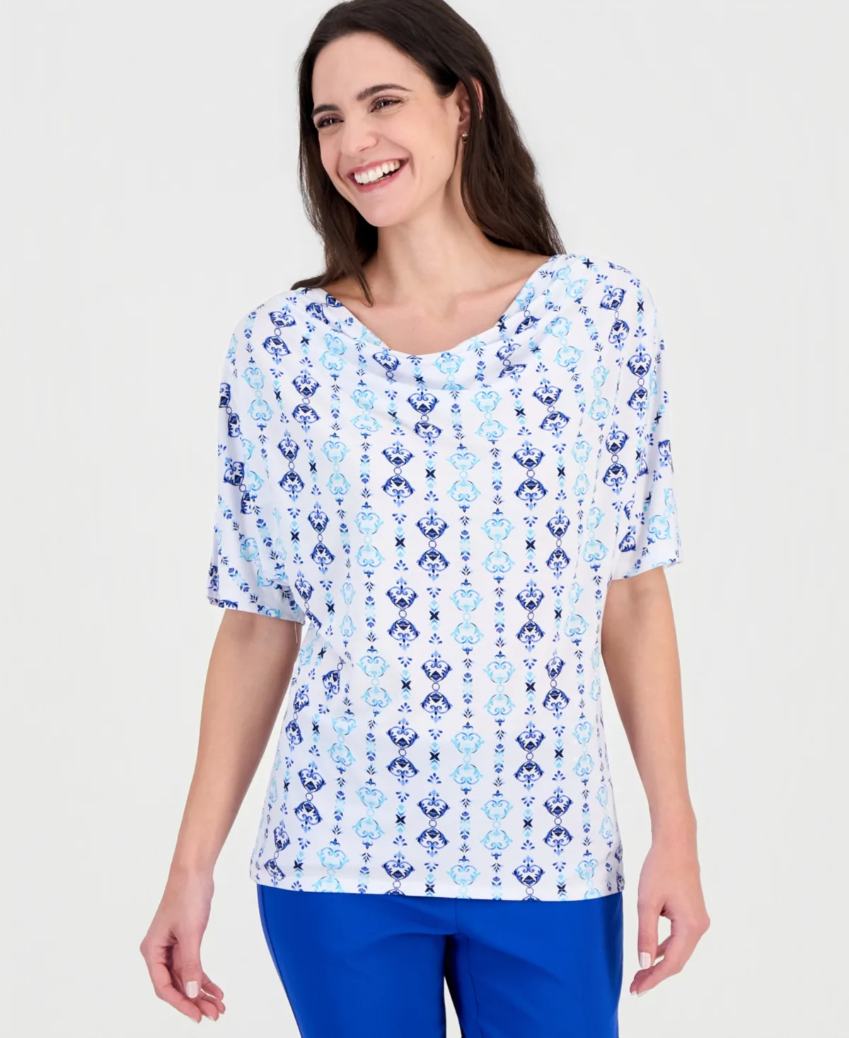 Printed Cowl-Neck Knit Top by Jm Collection