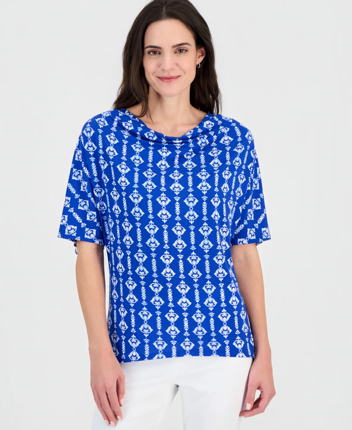 Printed Cowl-Neck Knit Top