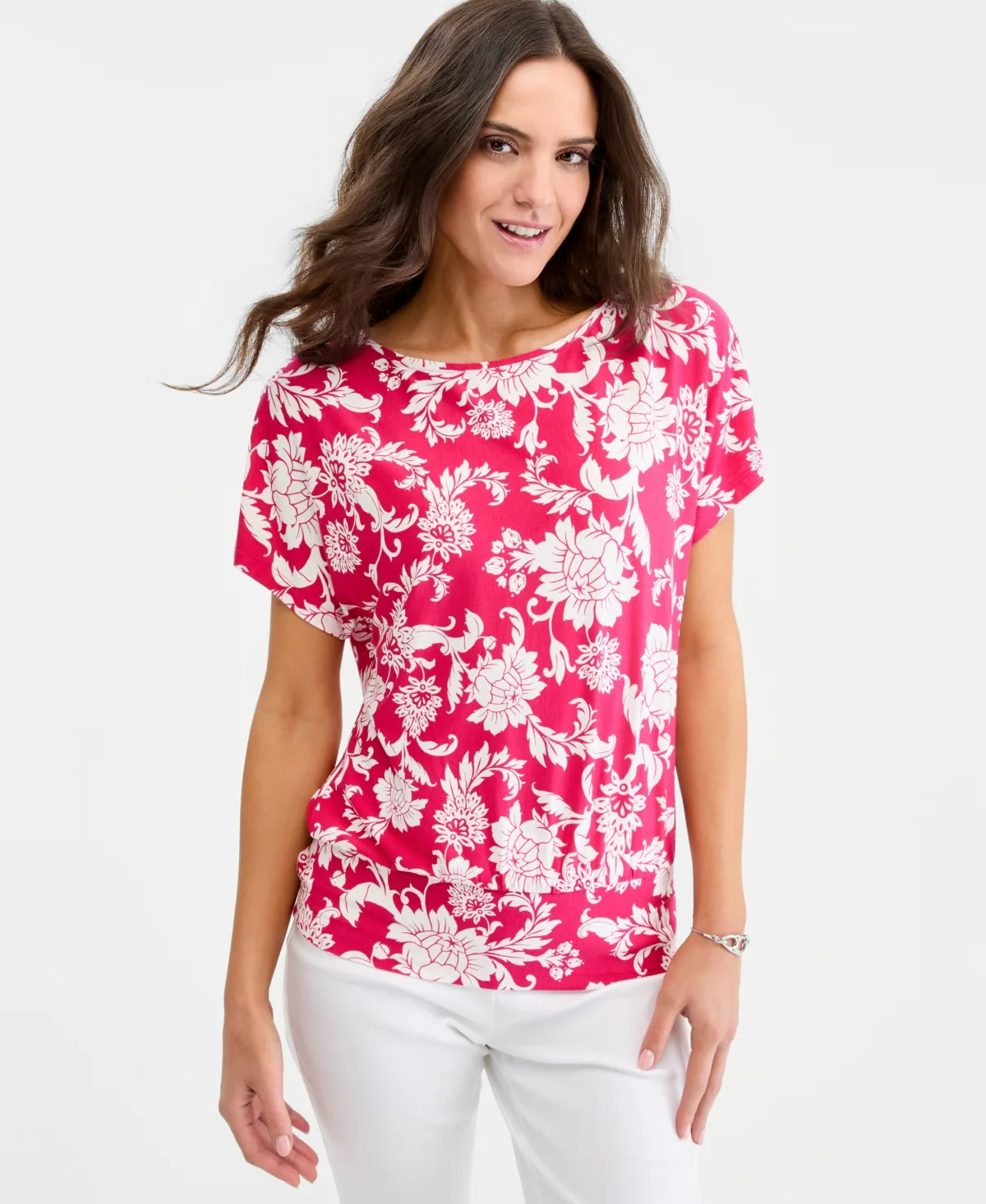 Printed Boatneck Banded-Bottom Knit Top by Jm Collection
