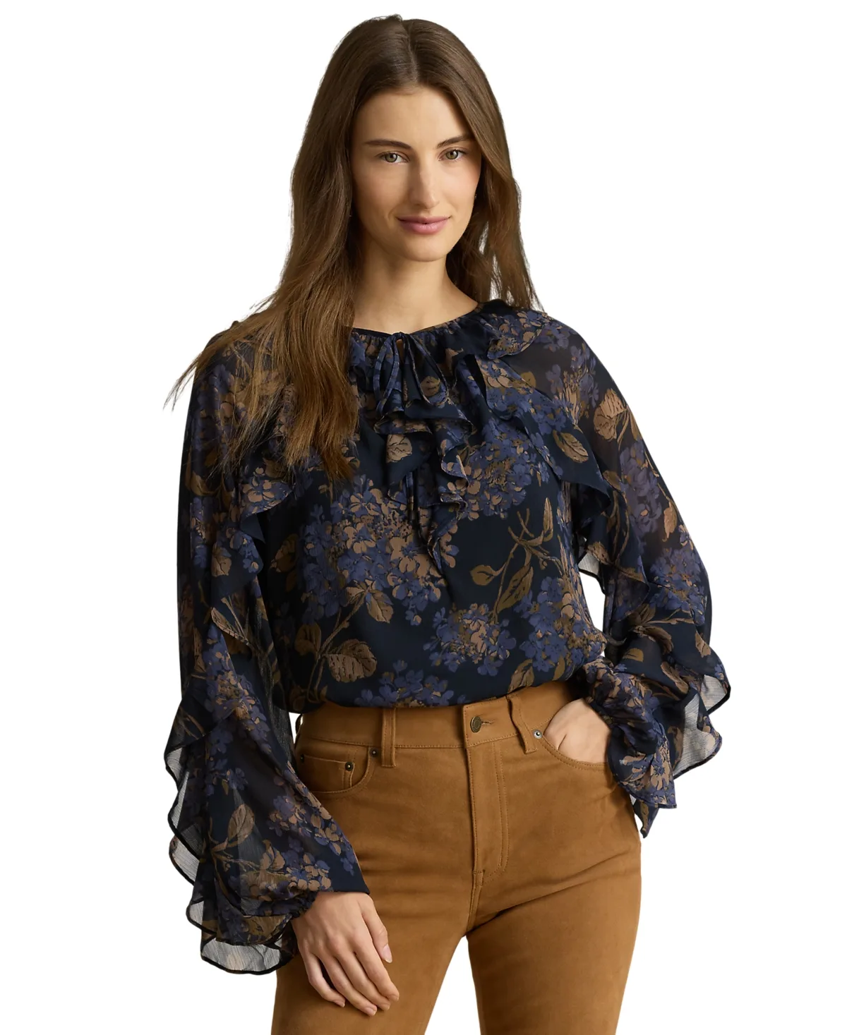 Floral Crinkle Georgette Ruffle-Trim Tie-Neck Blouse by Lauren Ralph Lauren