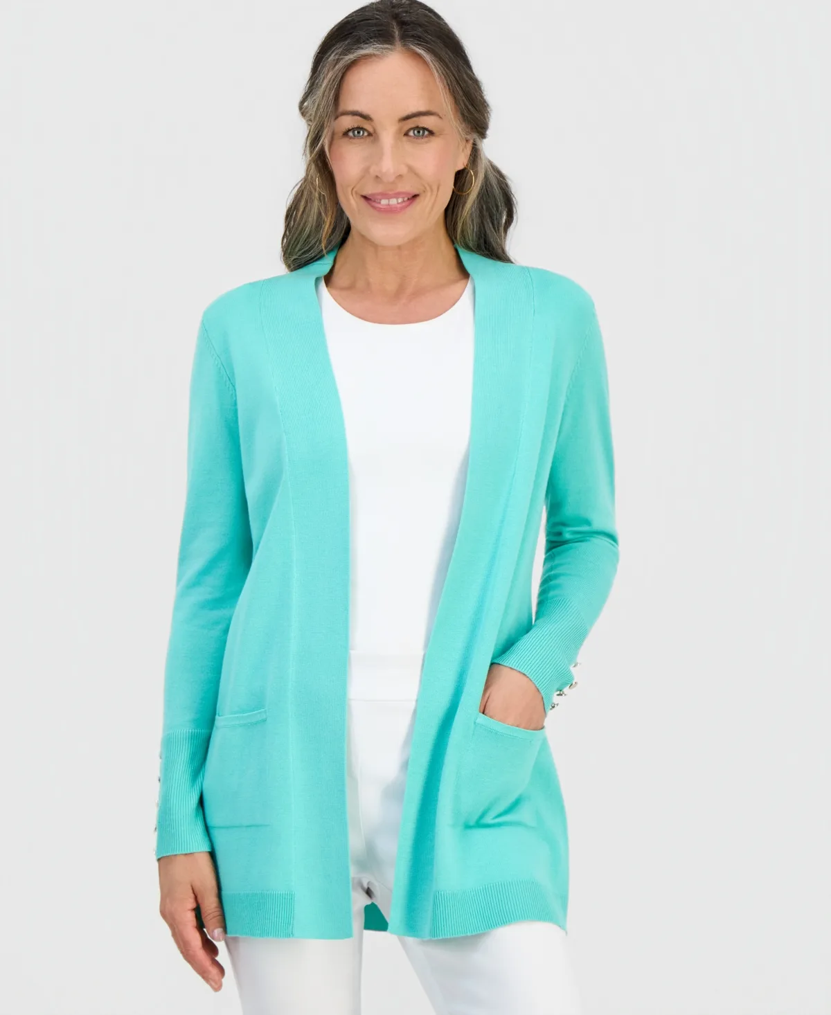 Open-Front Button-Cuff Cardigan Sweater by Jm Collection