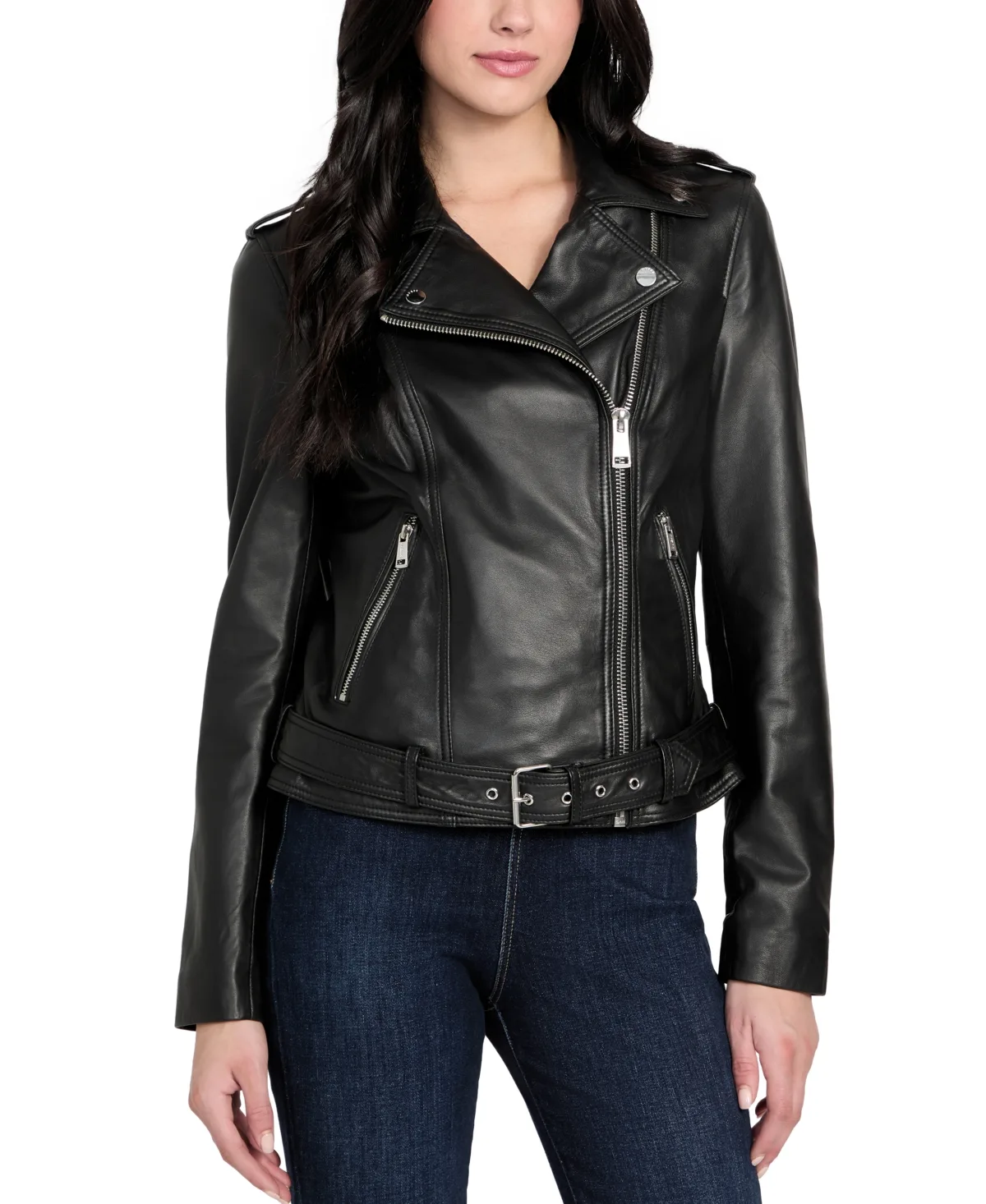Asymmetric Belted Leather Moto Jacket by Guess
