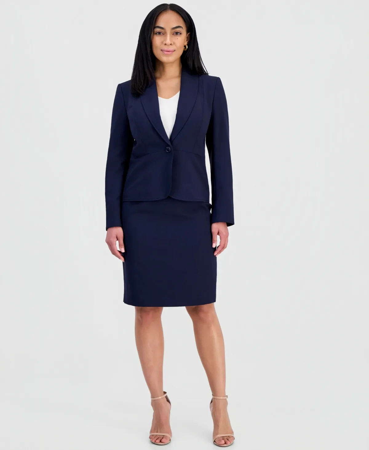 Shawl-Collar Peplum Jacket & Yoked Slim Skirt Suit by Le Suit