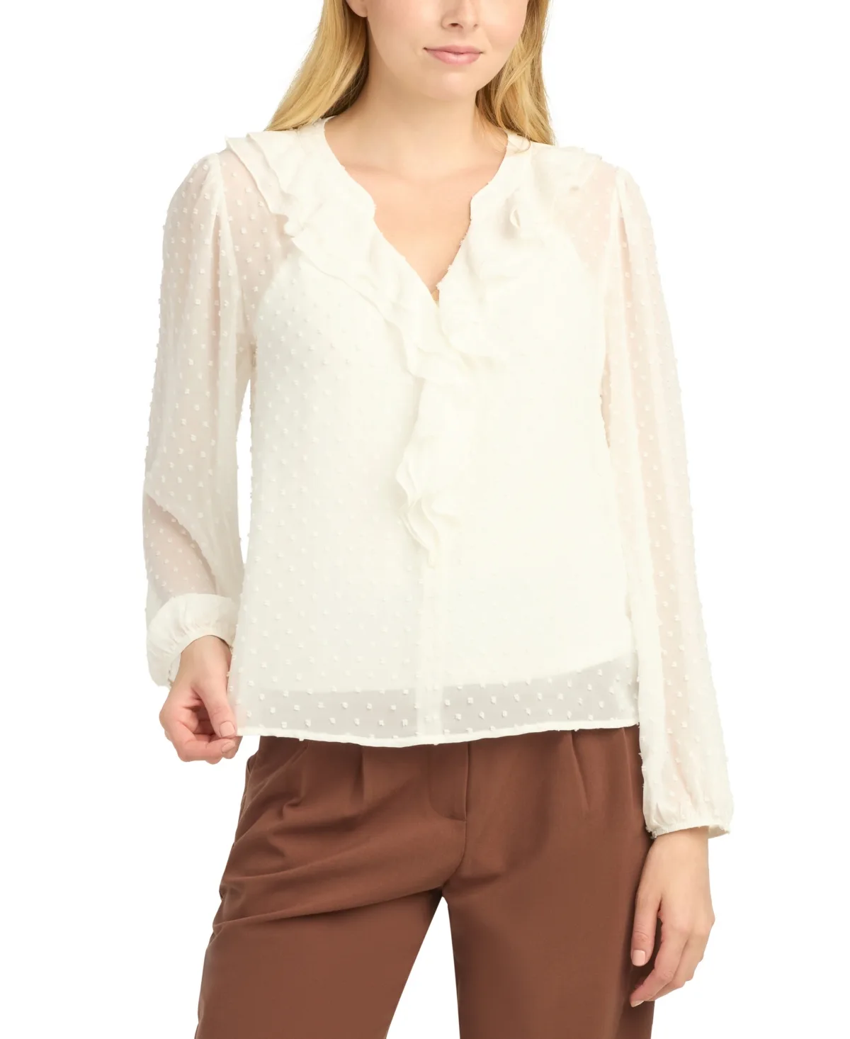 Split V-Neck Ruffle Long-Sleeve Blouse by Bcx