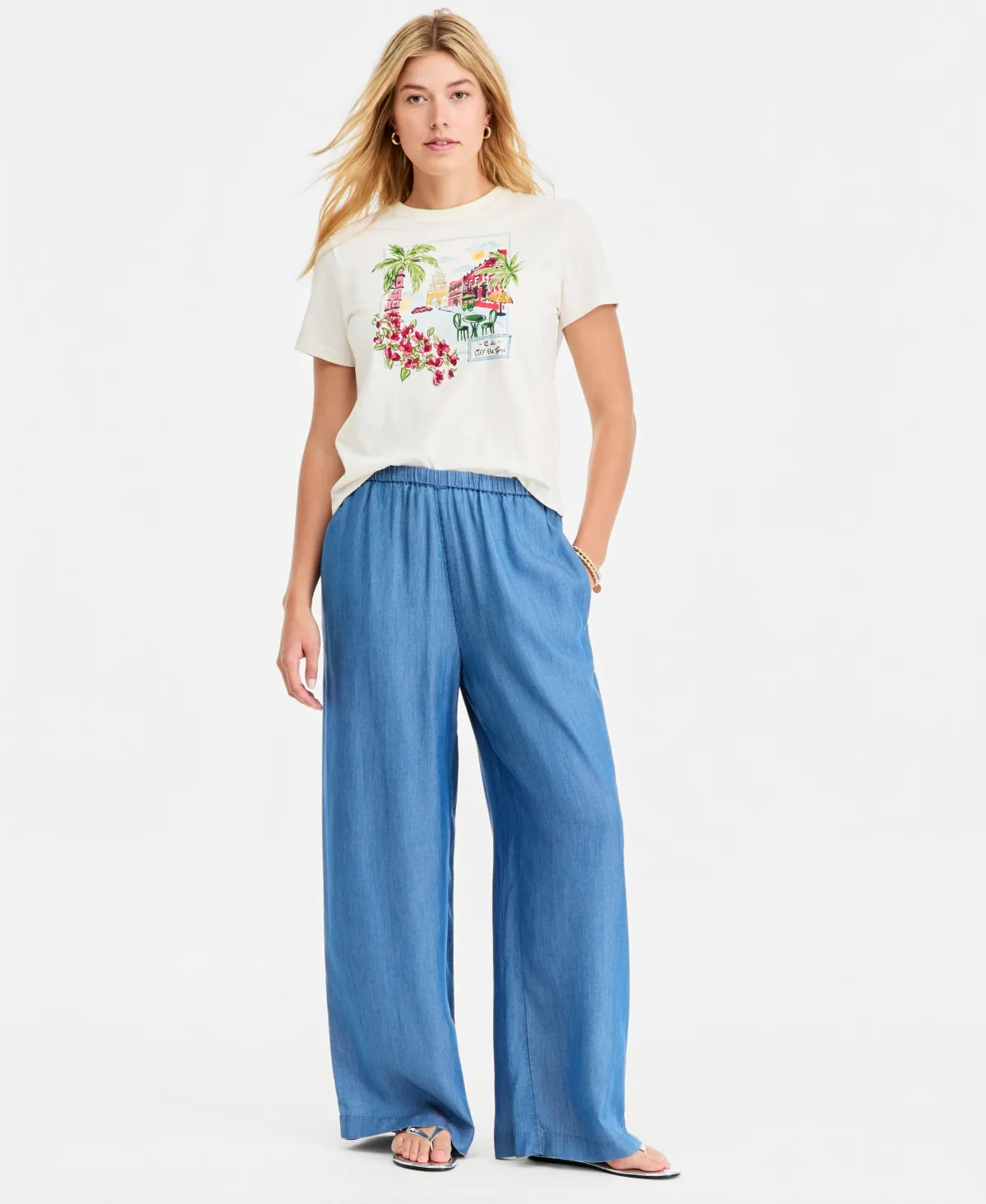 Chambray Pull-On Wide-Leg Pants by On 34th