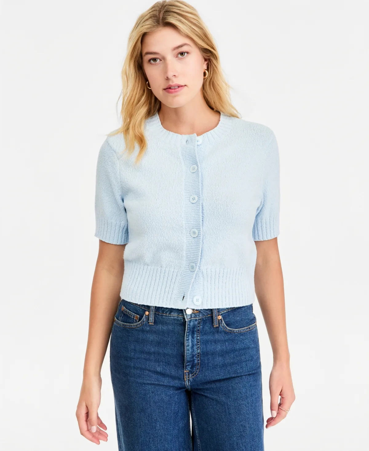 Crewneck Short-Sleeve Textured Button-Front Cardigan by On 34th
