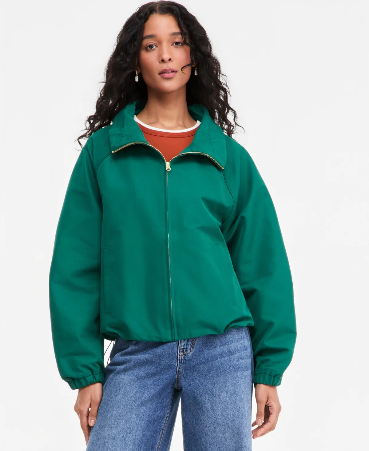 Funnel-Neck Ruched-Sleeve Bubble Hem Jacket by On 34th