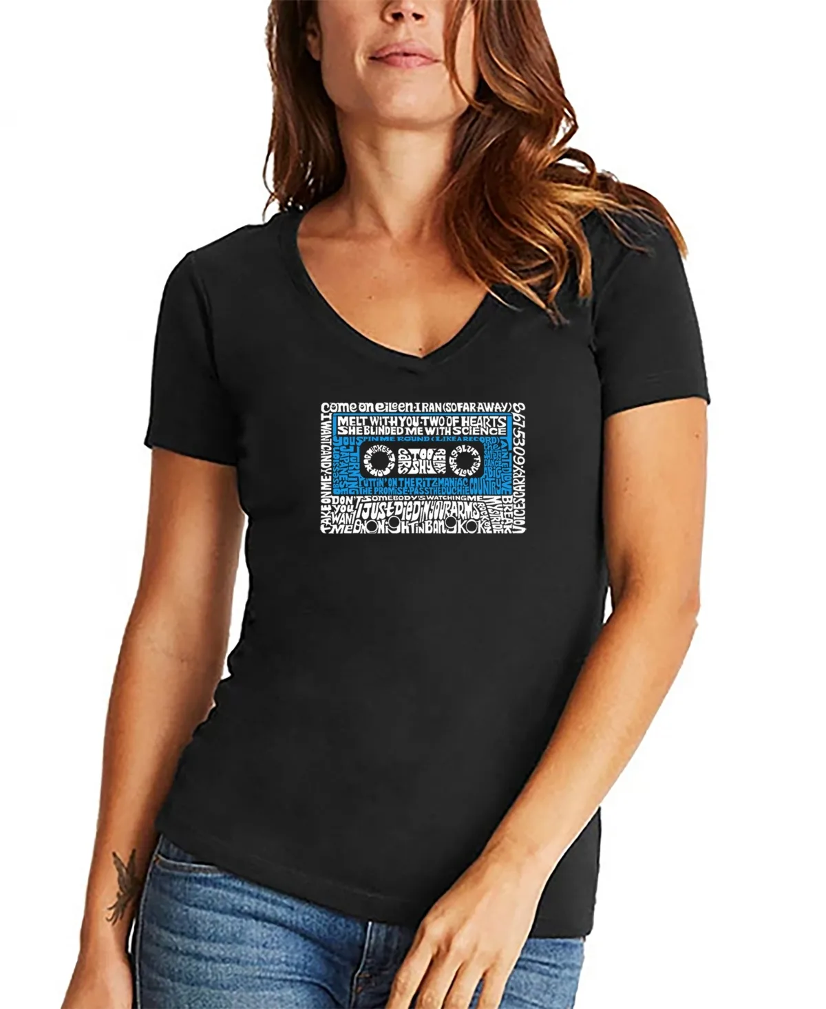 80s One Hit Wonders Word Art V-Neck T-Shirt by La Pop Art