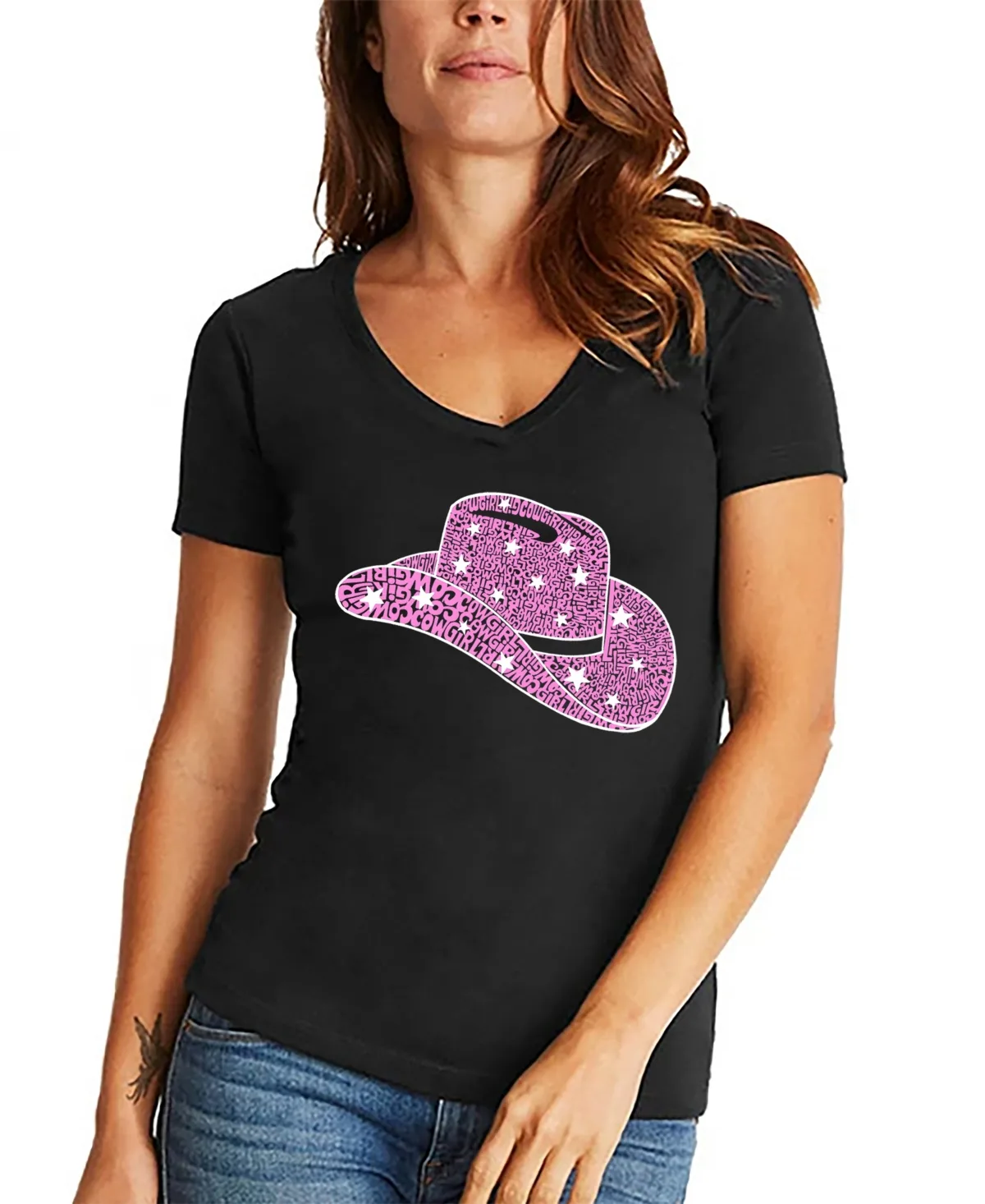 Word Art Cowgirl Hat V-Neck T-Shirt by La Pop Art