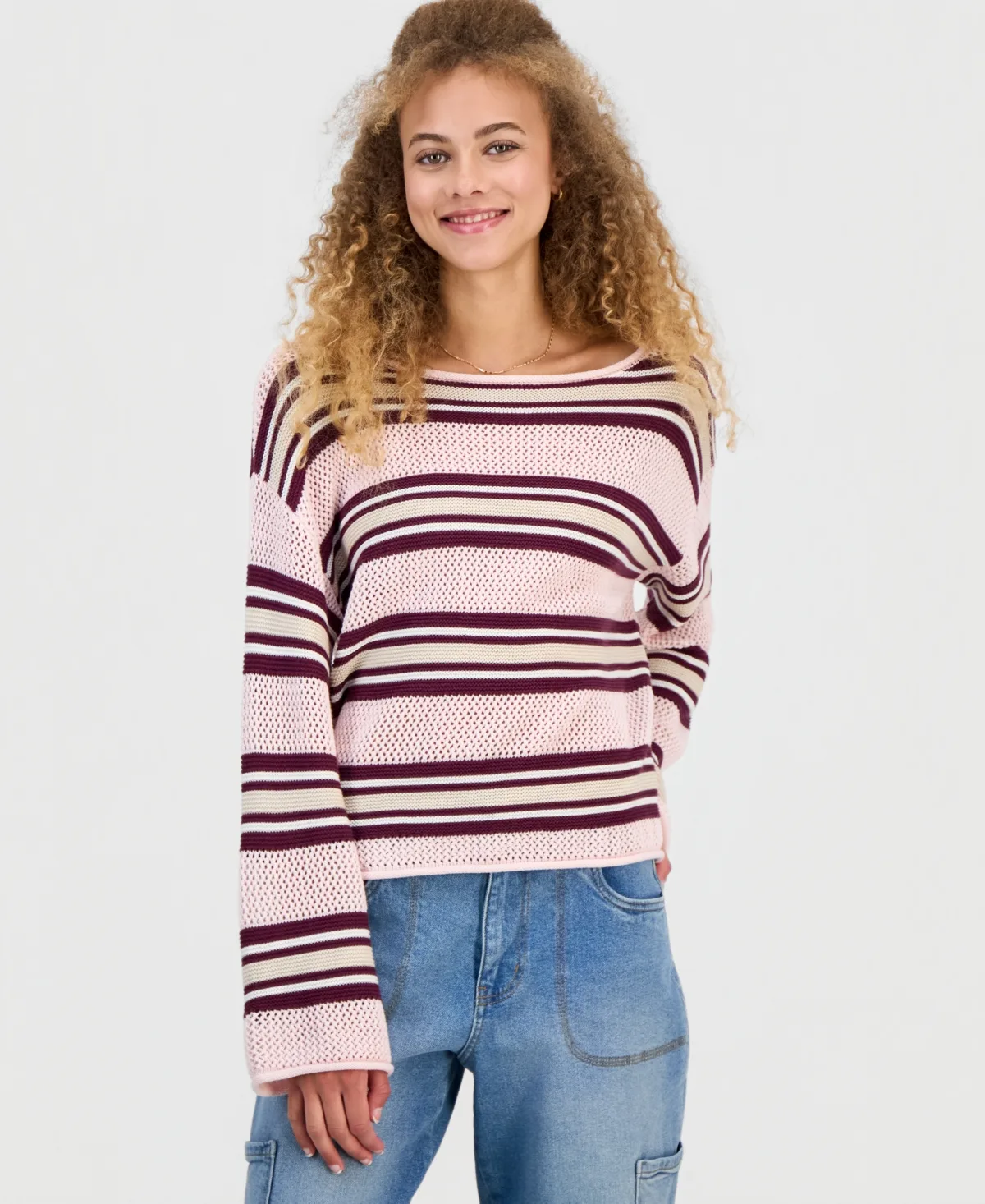Striped Open-Knit Bell-Sleeve Sweater by Hooked Up By Iot