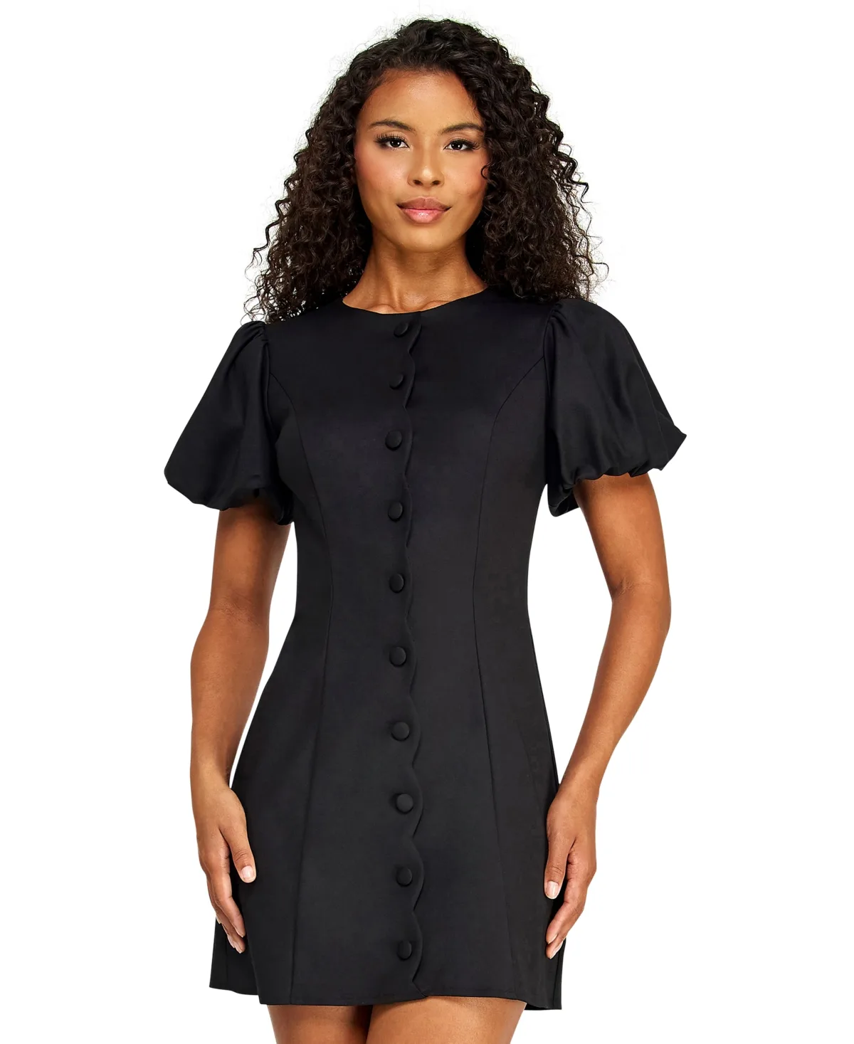 Crewneck Scallop Button-Front Detail Mini Dress by Alex & Sophia