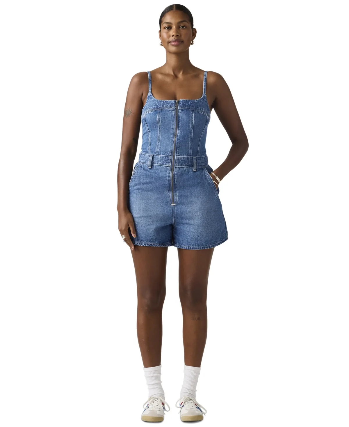 Jadine Square Neck Front-Zip Cotton Romper by Levi's