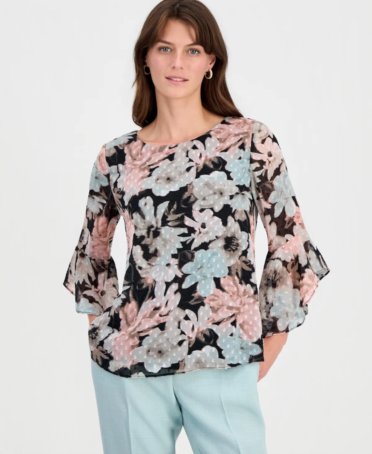 Floral Clip-Dot 3/4-Sleeve Top by Kasper