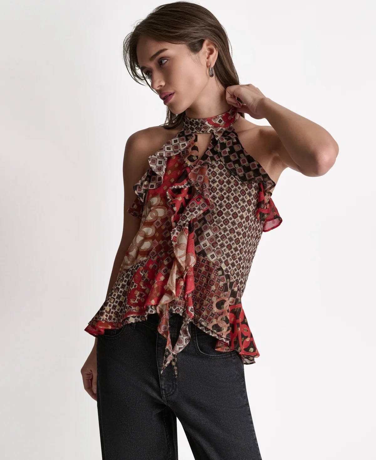Printed Ruffle Halter Neck Top by Bcbg