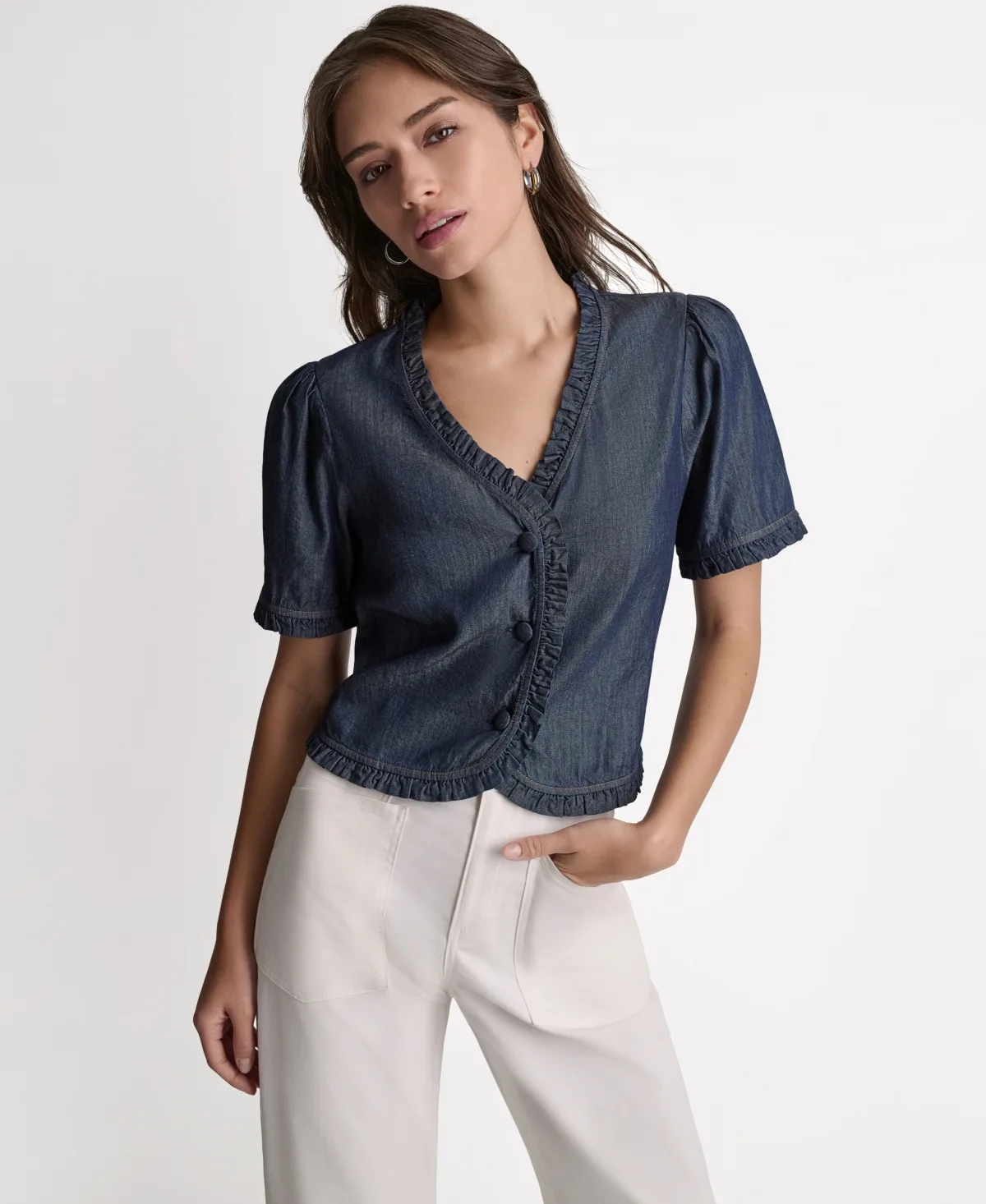 Short-Sleeve Ruffle Detail Button-Front Top by Bcbg