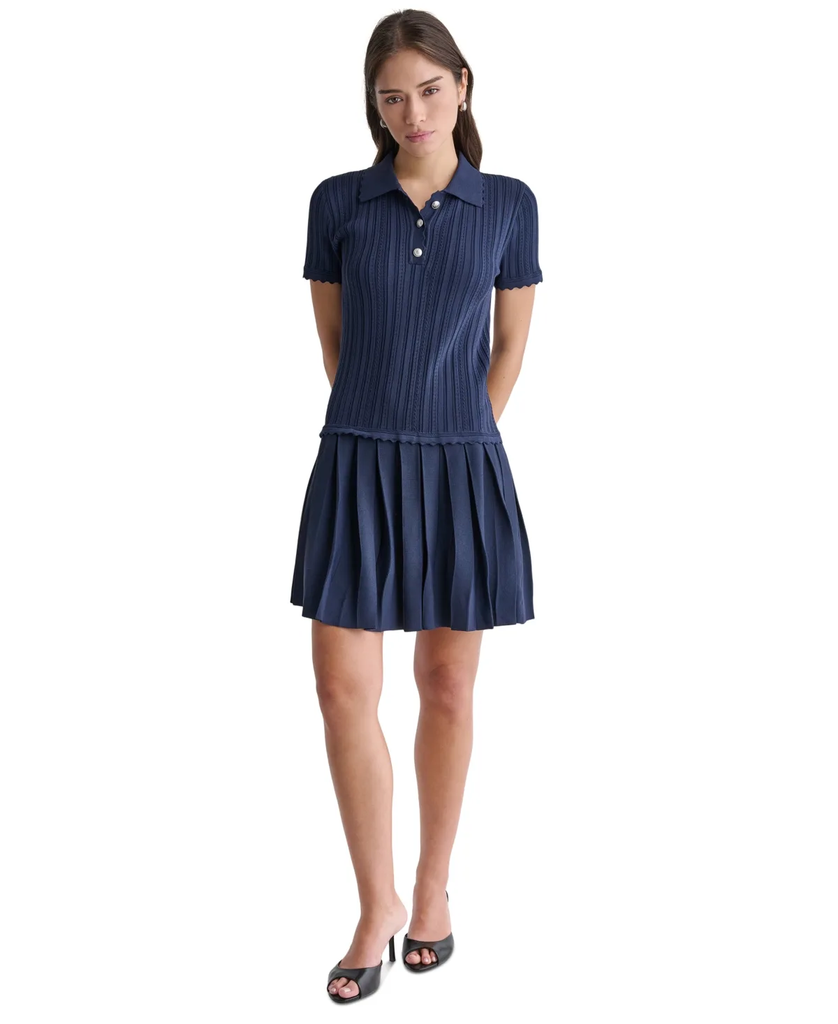 Short-Sleeve Pleated Drop-Waist Sweater Dress by Bcbg