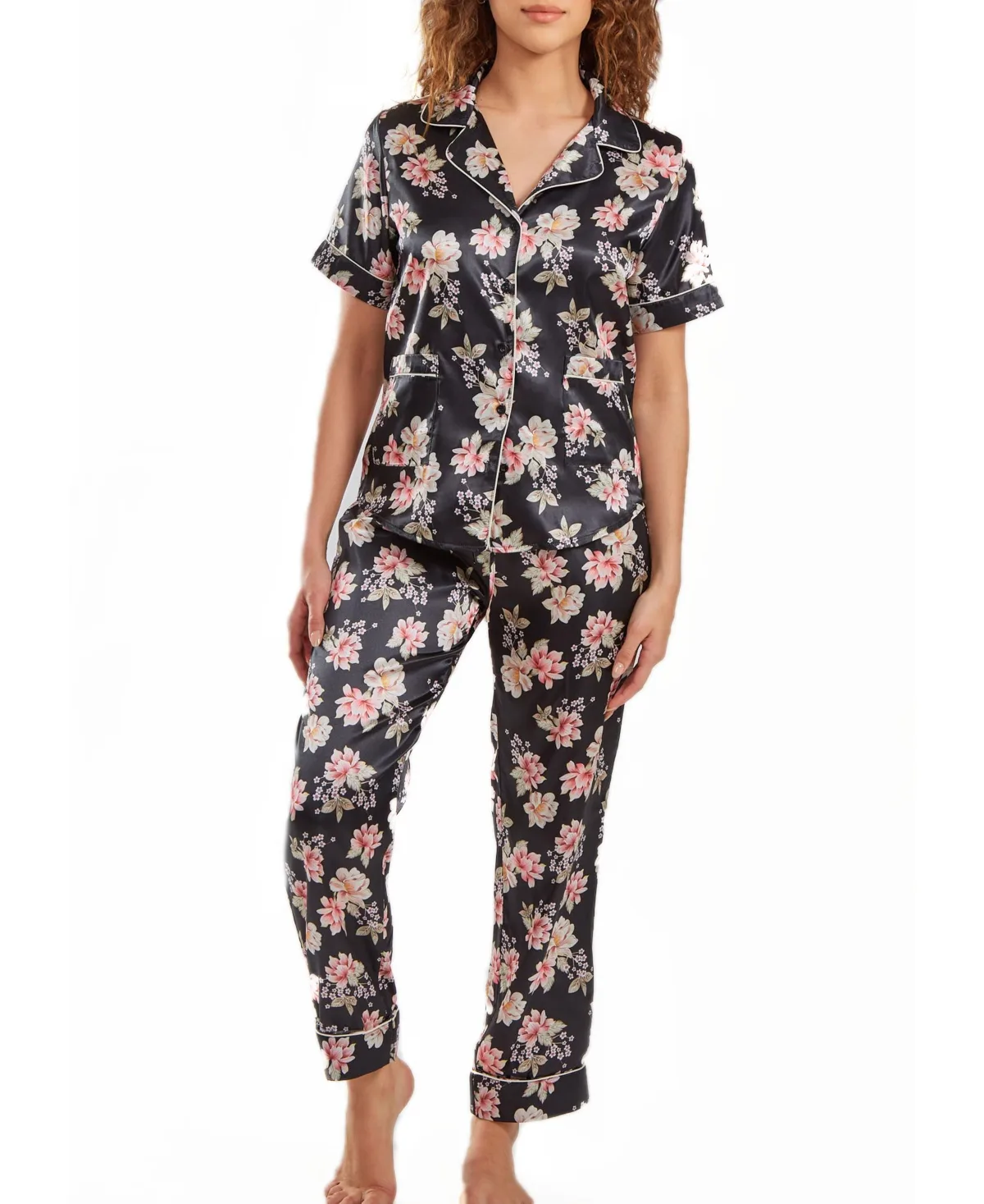 Cyrus Floral Satin Pajama Pant Set with Cuff Detail, 2 Piece