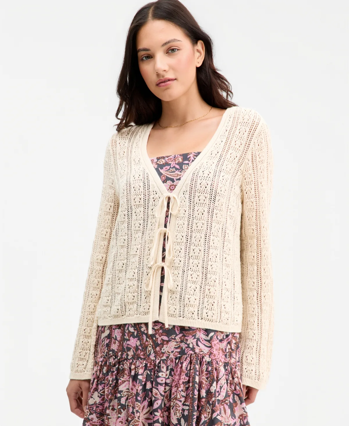 Cotton Tie-Front Long-Sleeve Cardigan by Lucky Brand