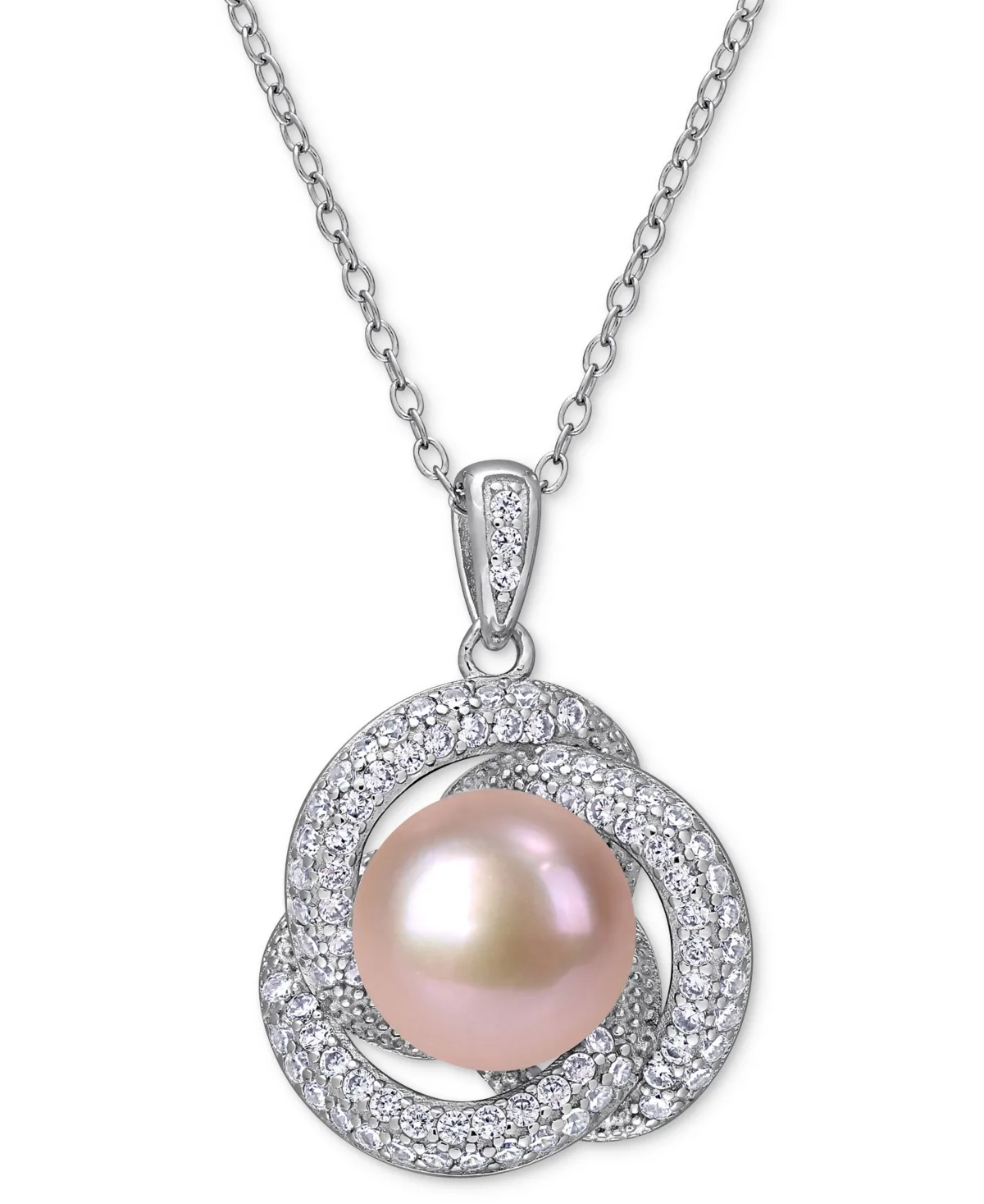 Pink Cultured Freshwater Pearl (10-1/2mm) & Cubic Zirconia Love Knot 18" Pendant Necklace in Sterling Silver by Macy's