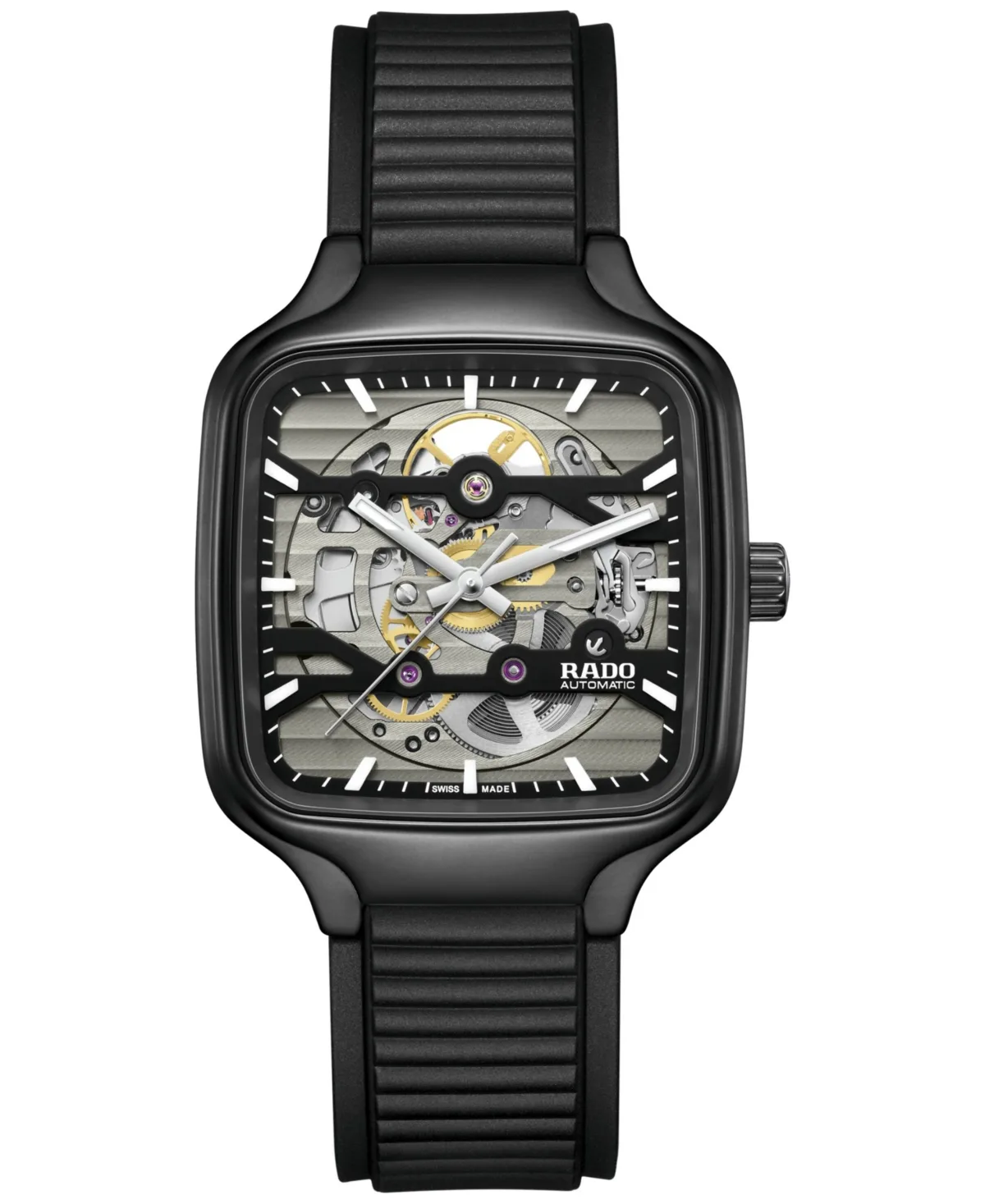 Swiss Automatic True Square Skeleton Black Rubber Strap Watch 38mm by Rado