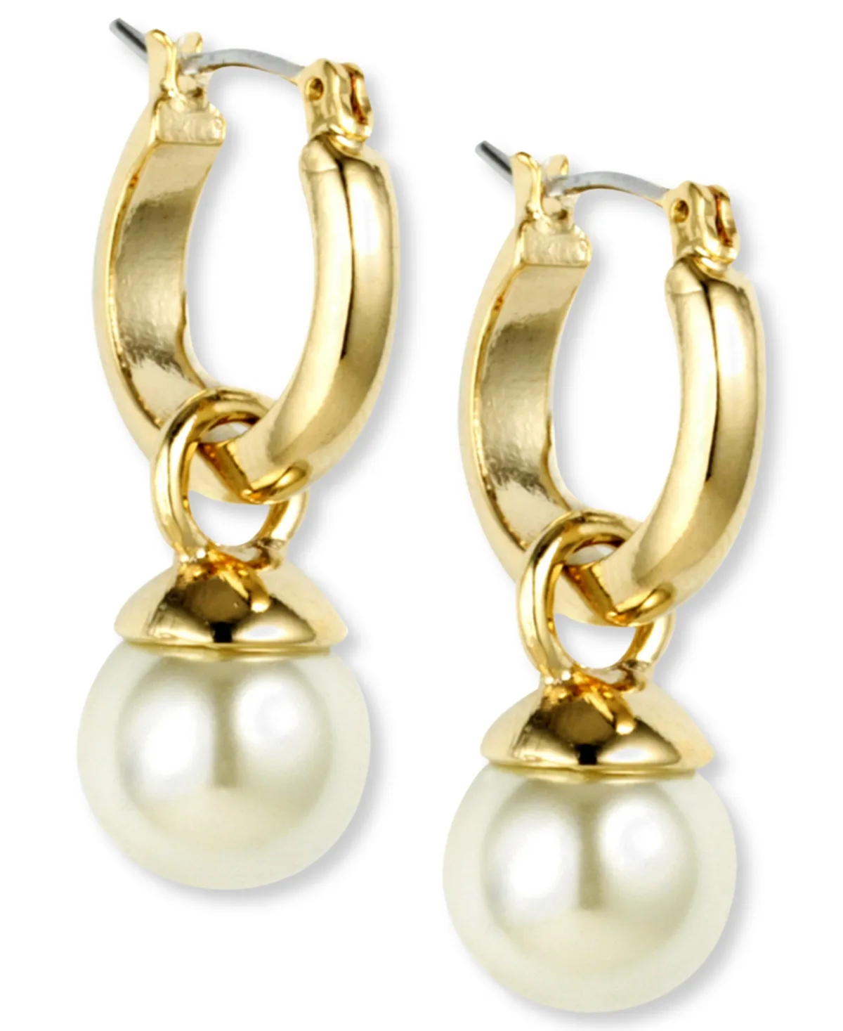Gold-Tone Imitation Pearl Drop Off 1/2" Hoop Earrings by Anne Klein