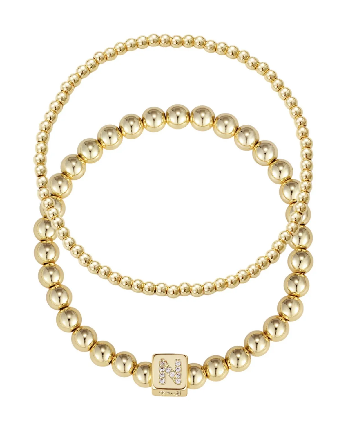 Cubic Zirconia Gold Set of 2 Initial Cube Bead Bracelet
