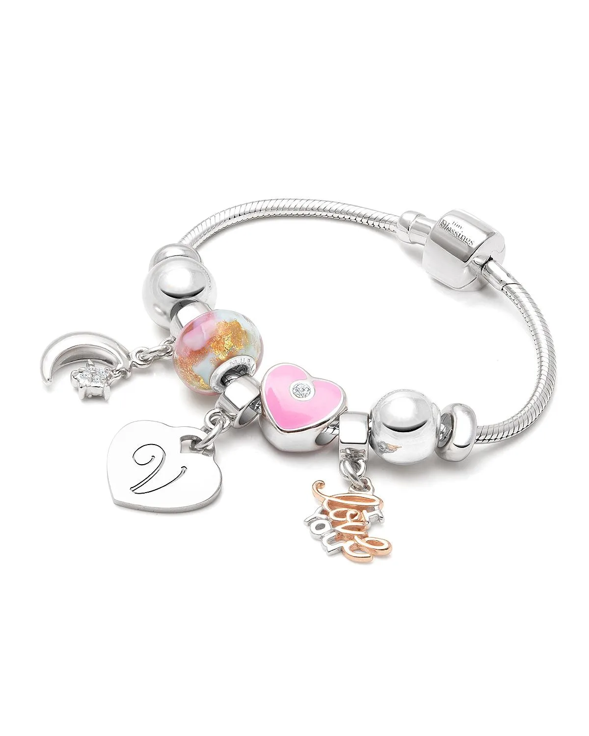 Sterling Silver Adore Charm Bracelet & Engraved Initial 6" Bracelet by Tiny Blessings