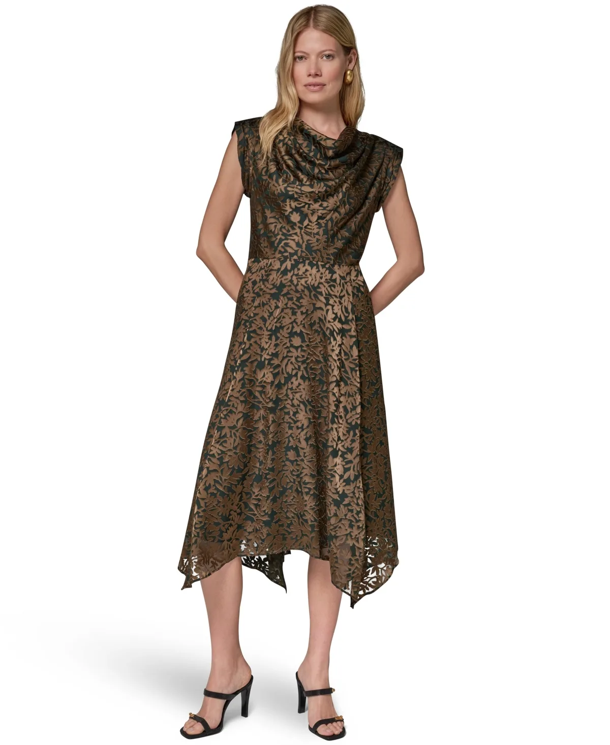 Floral Vine Burnout Cowl Neck Dress