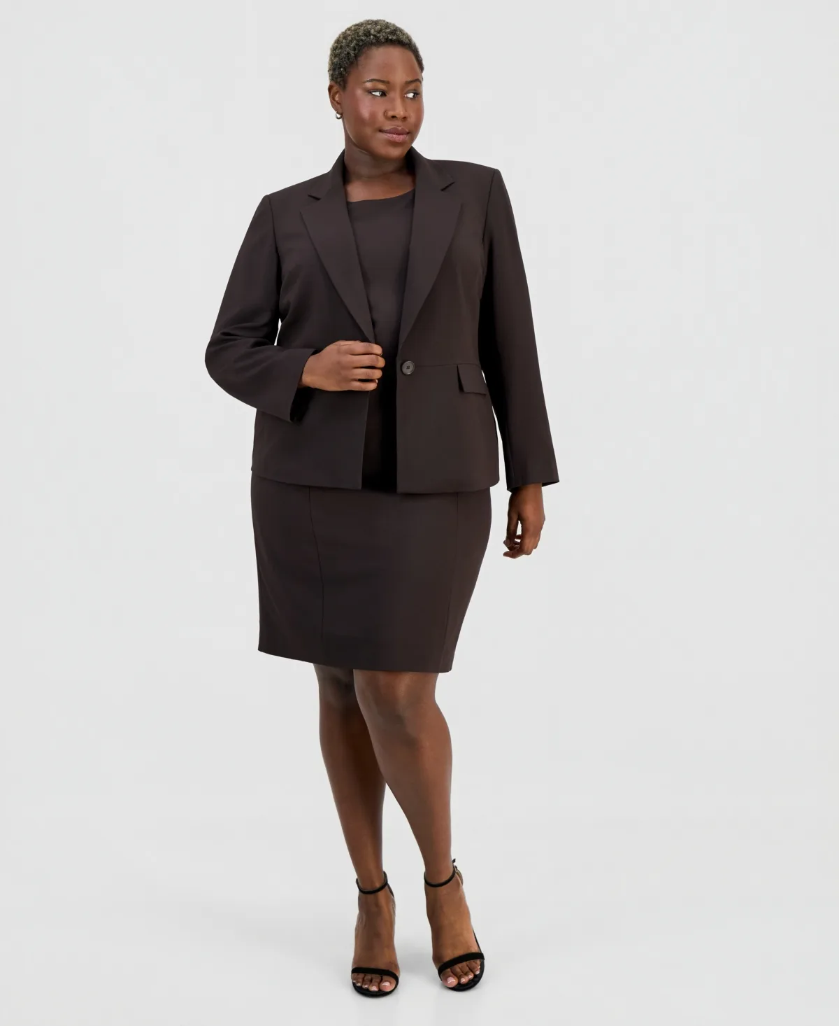 One-Button Peplum Jacket & Basic Sheath Dress Suit by Le Suit