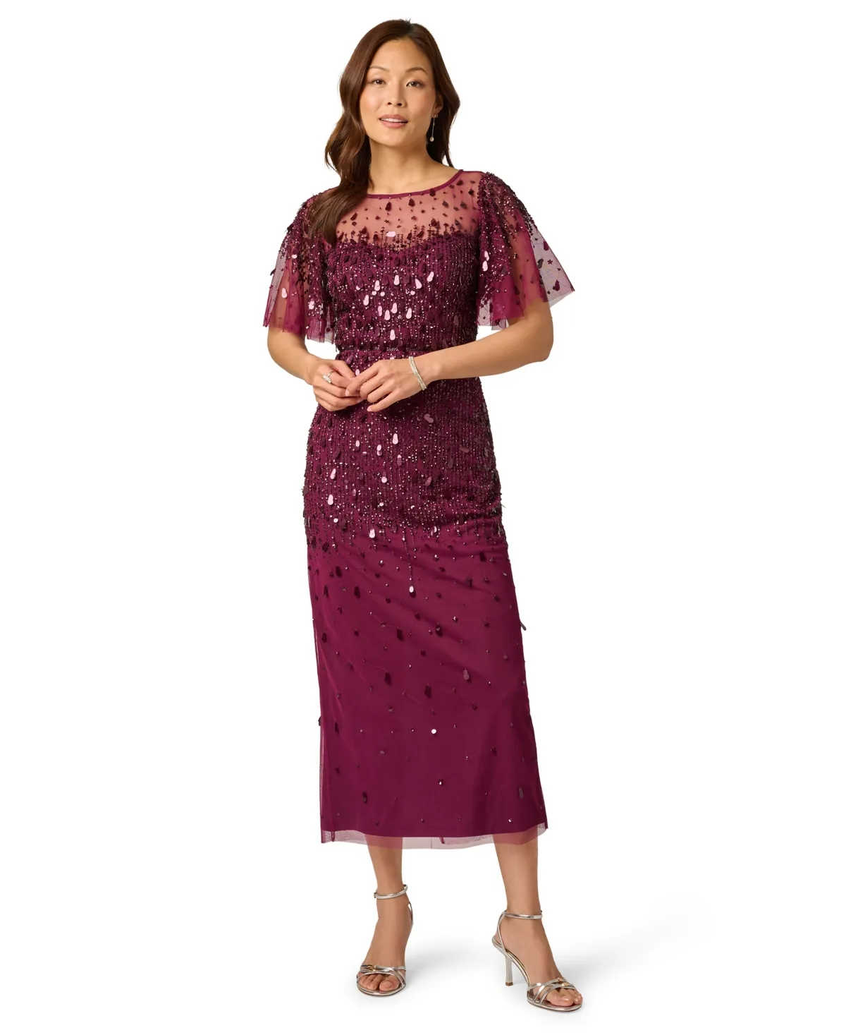 Beaded Mesh Flutter-Sleeve Midi Dress by Adrianna Papell