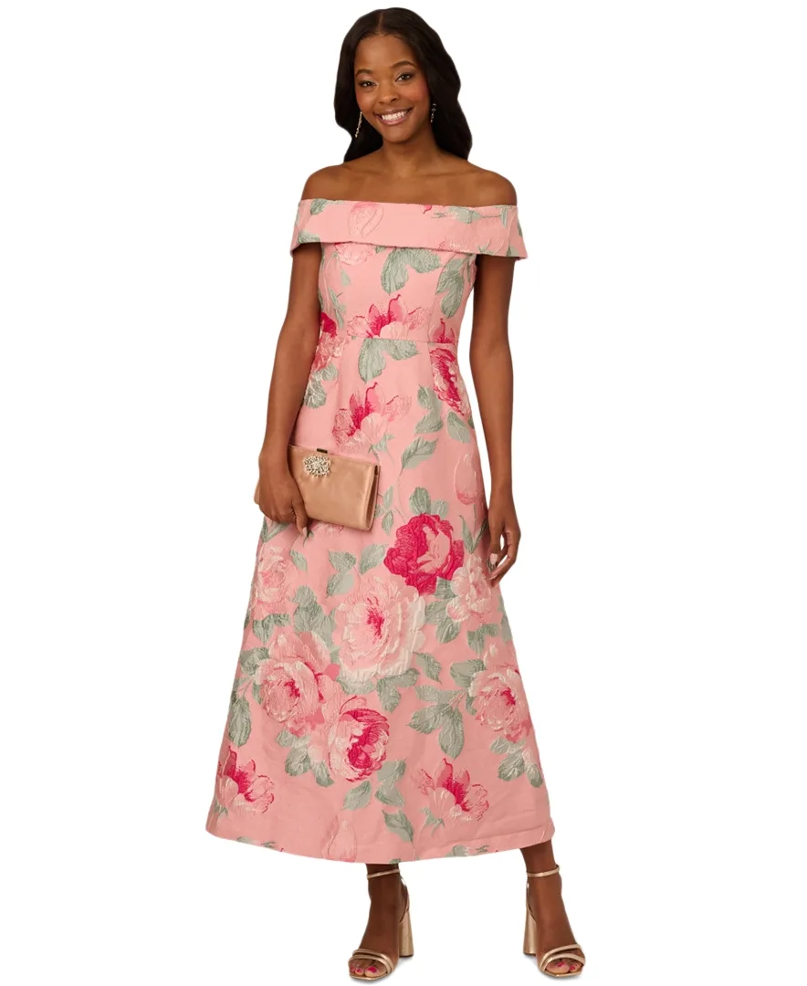 Off-The-Shoulder Floral-Jacquard Dress