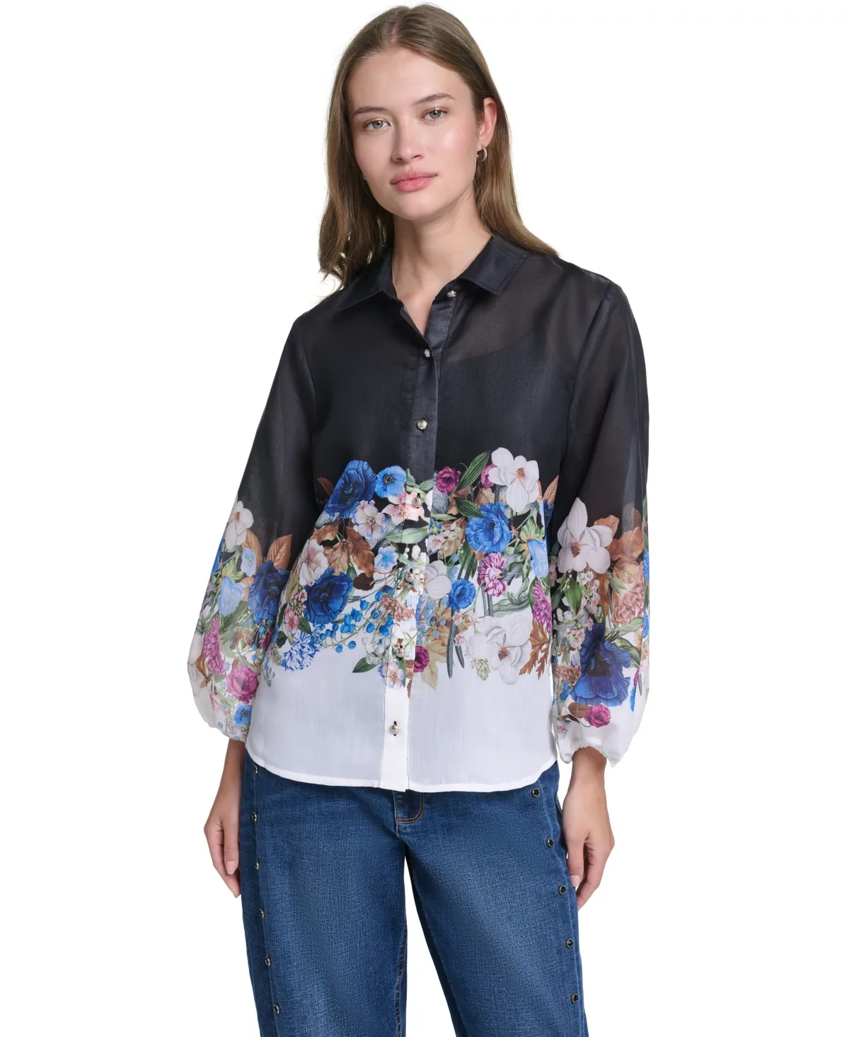 Printed Organza Puff-Sleeve Blouse by Karl Lagerfeld Paris
