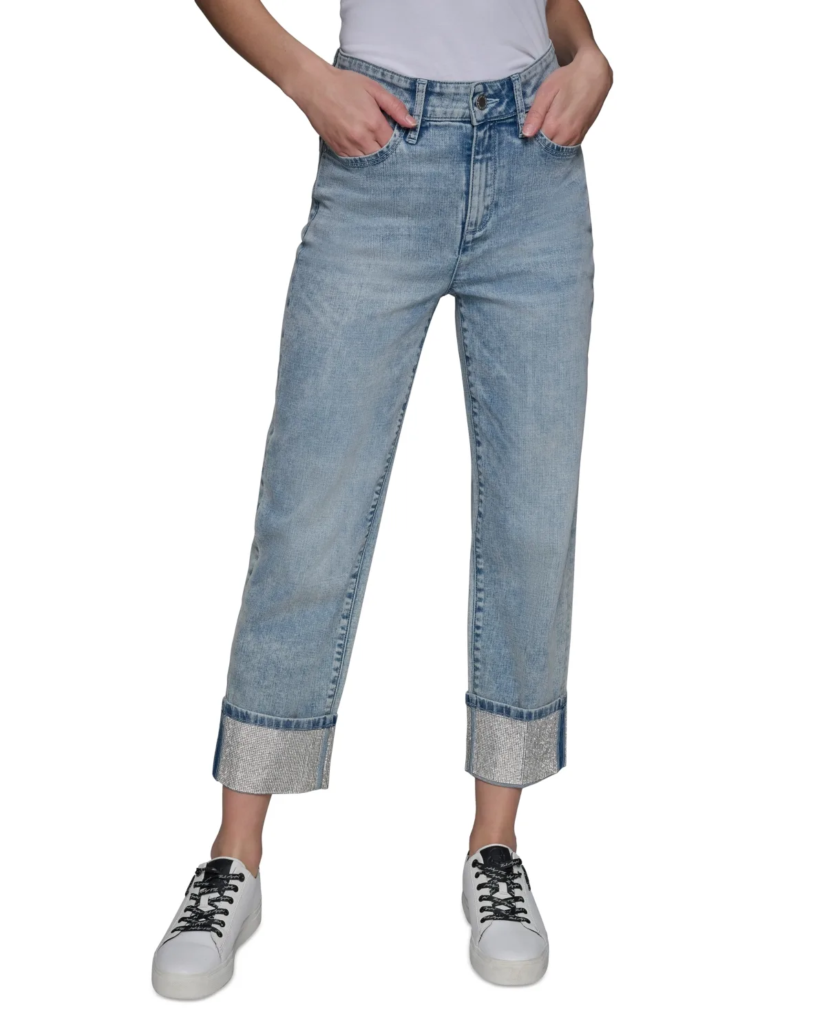High-Rise Crystal-Cuff Jeans by Karl Lagerfeld Paris