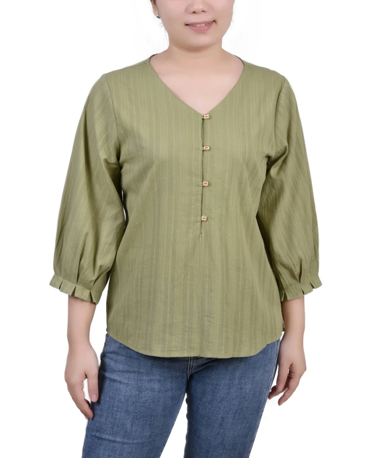 3/4 Sleeve Button Placket Jacquard Blouse by Ny Collection