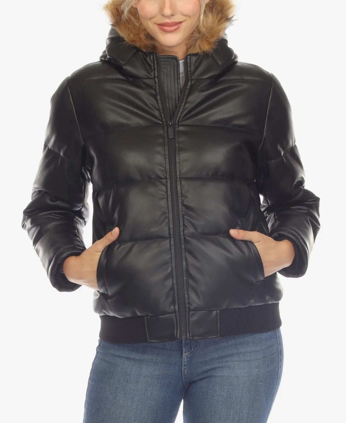 Removable Furry Hoodie Bomber Leather Jacket by White Mark