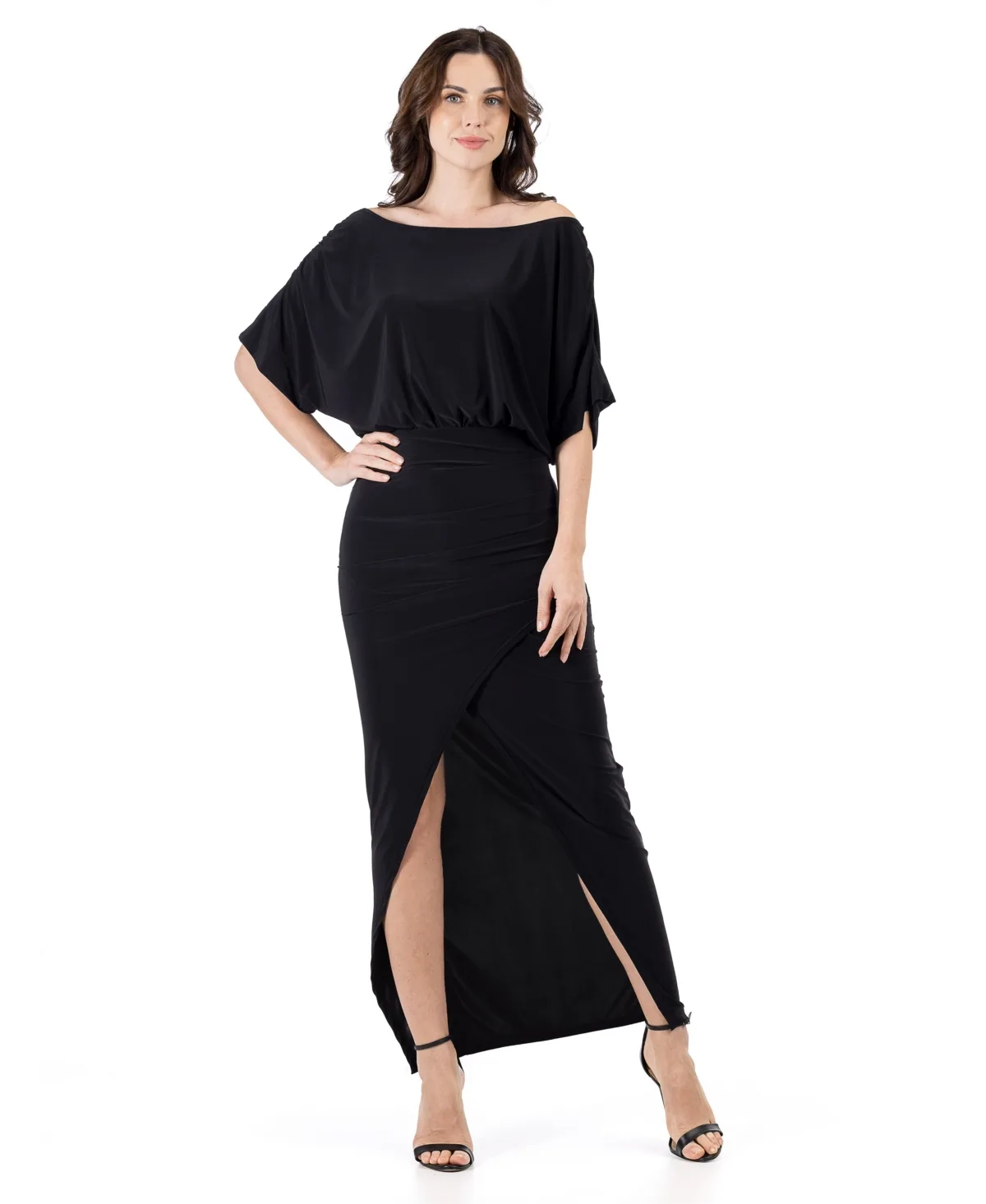 Boat Neck Batwing Sleeve Slit Maxi Dress