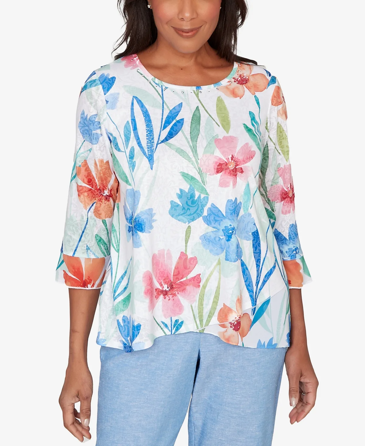 Caribbean Blues Whimsical Flower Bell Sleeve Top by Alfred Dunner
