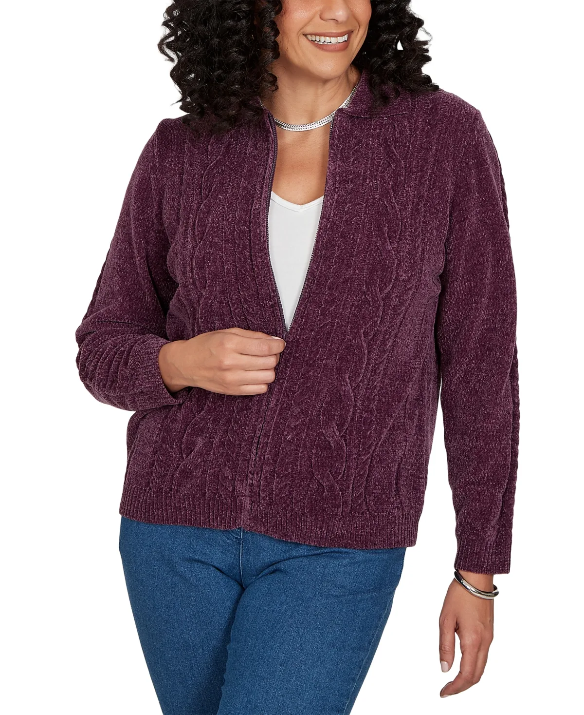 Classic Cable Chenille Zip Cardigan Sweater by Alfred Dunner
