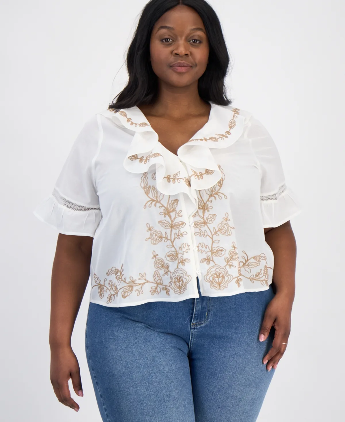 Embroidered Elbow-Sleeve Flyaway Blouse by And Now This