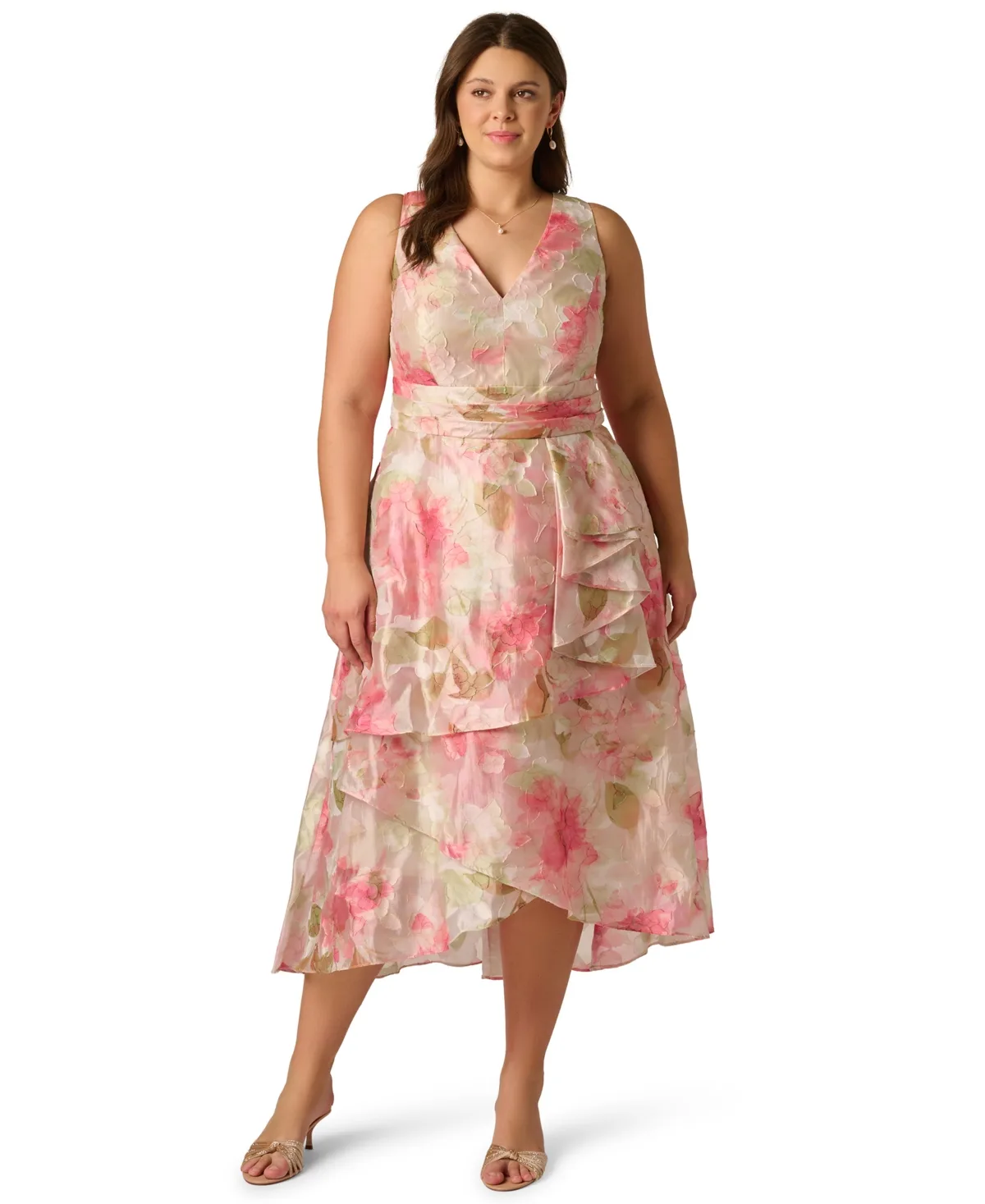 Cascade Organza V-Neck Midi Dress by Adrianna Papell