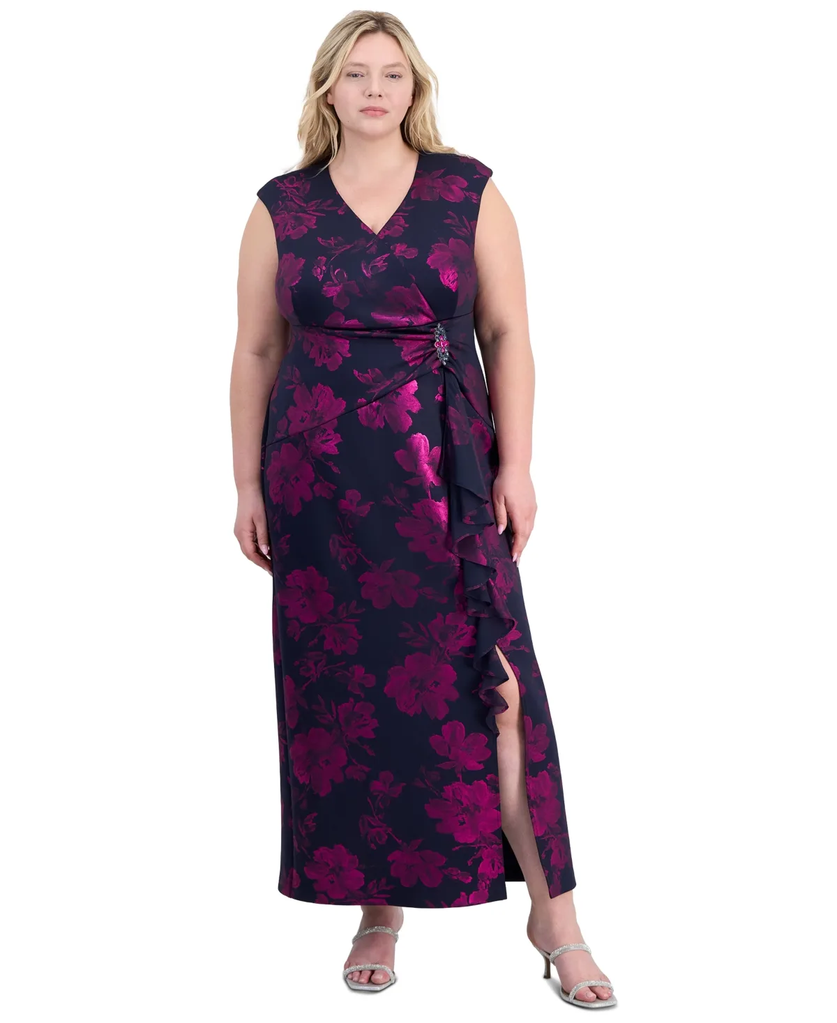 Ruffled Brooch-Embellished Dress by Connected