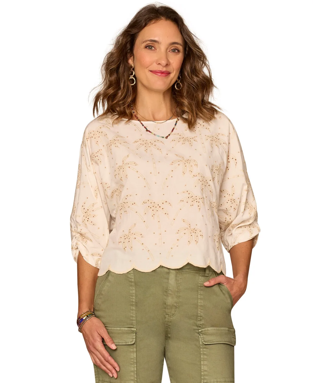 Embroidered Boat Neck Woven Top