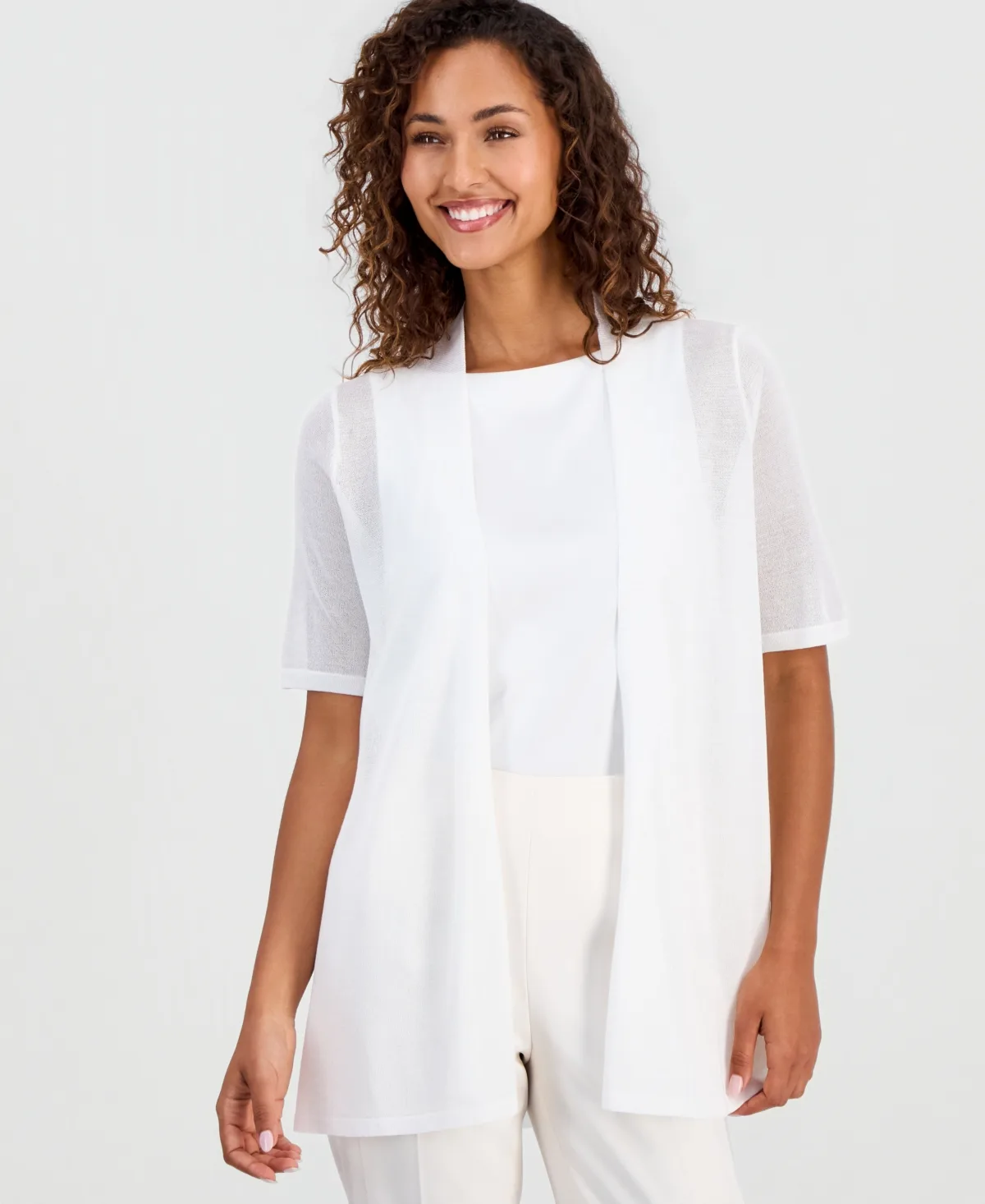 Collarless Pull-On Cardigan Sweater by Anne Klein