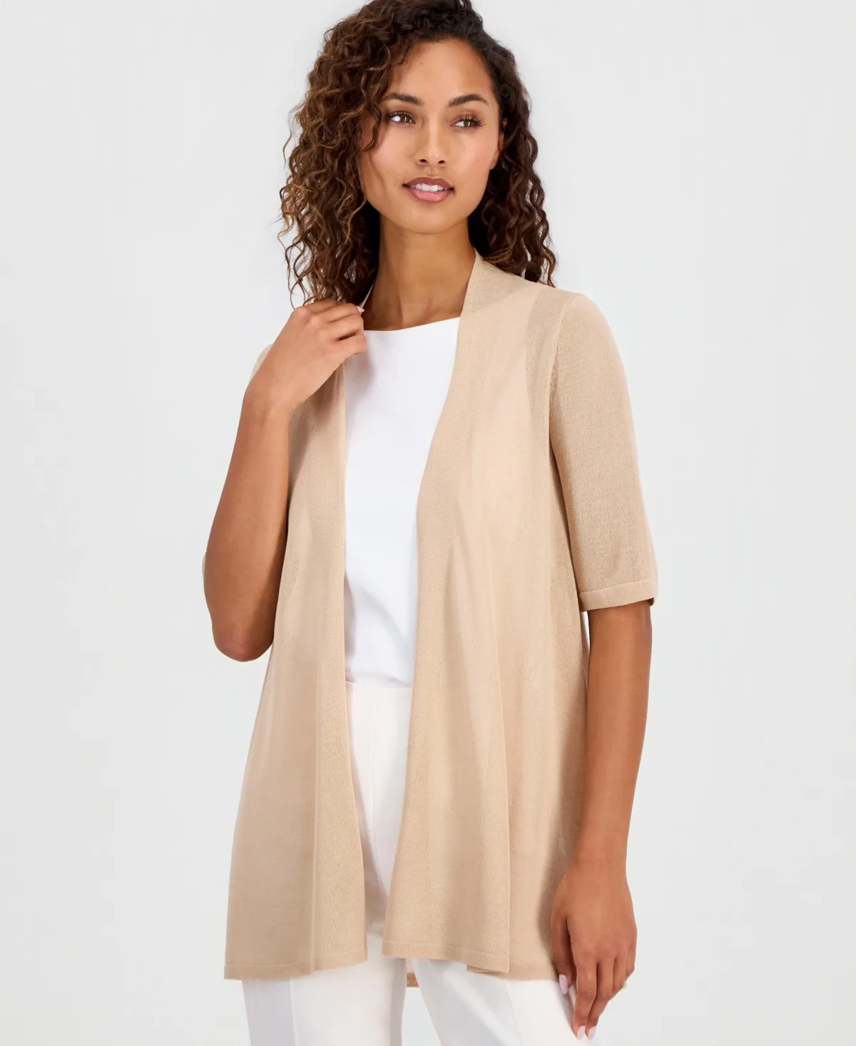 Collarless Pull-On Cardigan Sweater