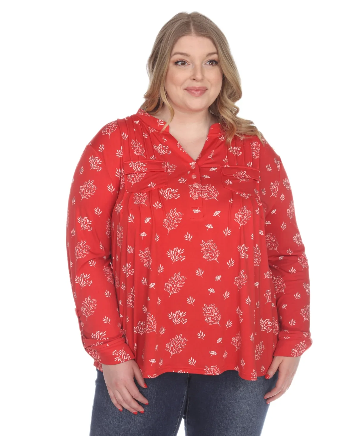 Printed Long-Sleeve Button-Front Top by White Mark