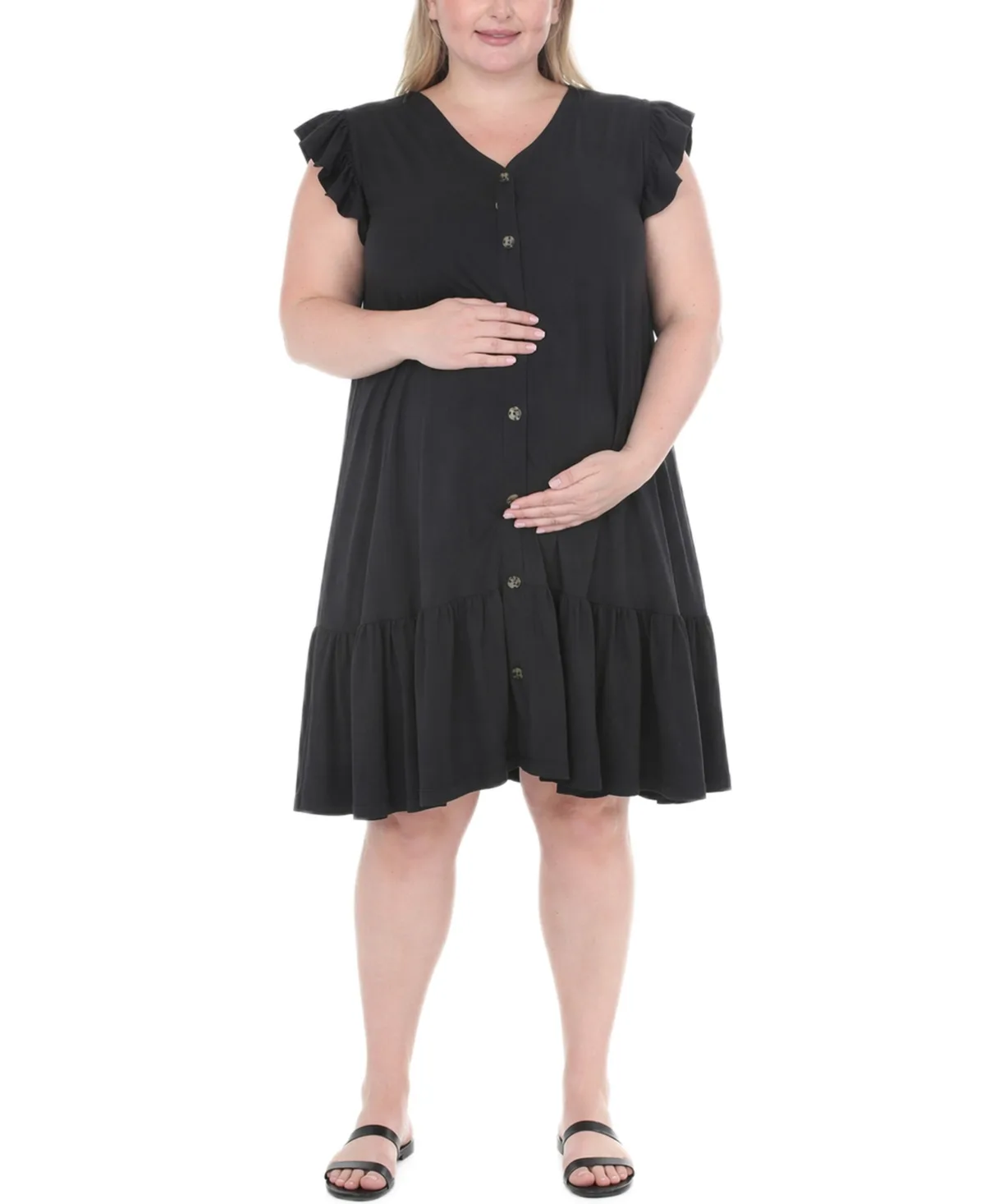 Flutter-Sleeve Button-Front Tiered Maternity Dress by White Mark