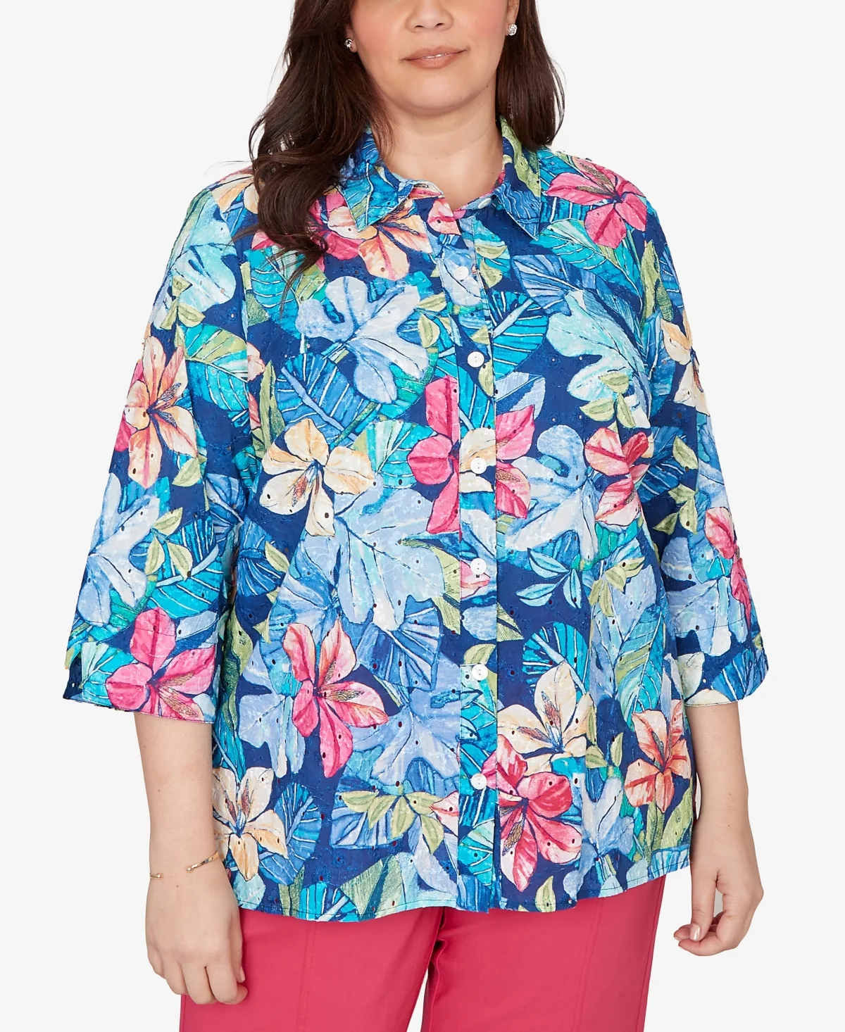 The Royal Treatment Tropical Eyelet Button Down Top by Alfred Dunner